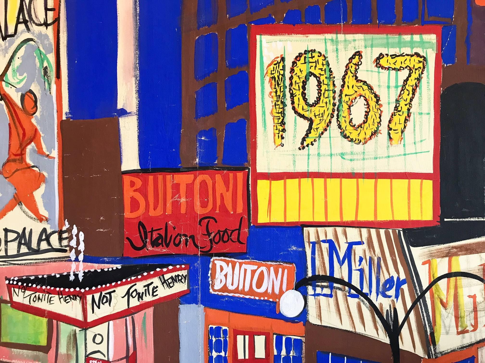 We collected this vintage canvas at an antique store. It was wrapped up tightly. As we unrolled it, the enormous size (a little over 9 feet wide!) and even cooler scene of Times Square in 1967 made us jump for joy. We knew the work was destined for