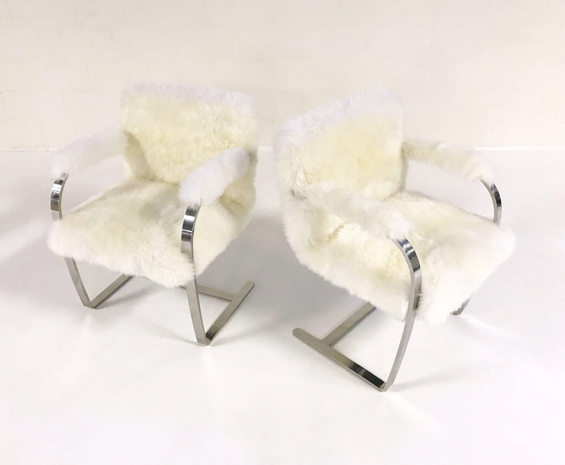 20th Century Mies Van Der Rohe Brno Chairs for Knoll in New Zealand Sheepskin - Pair