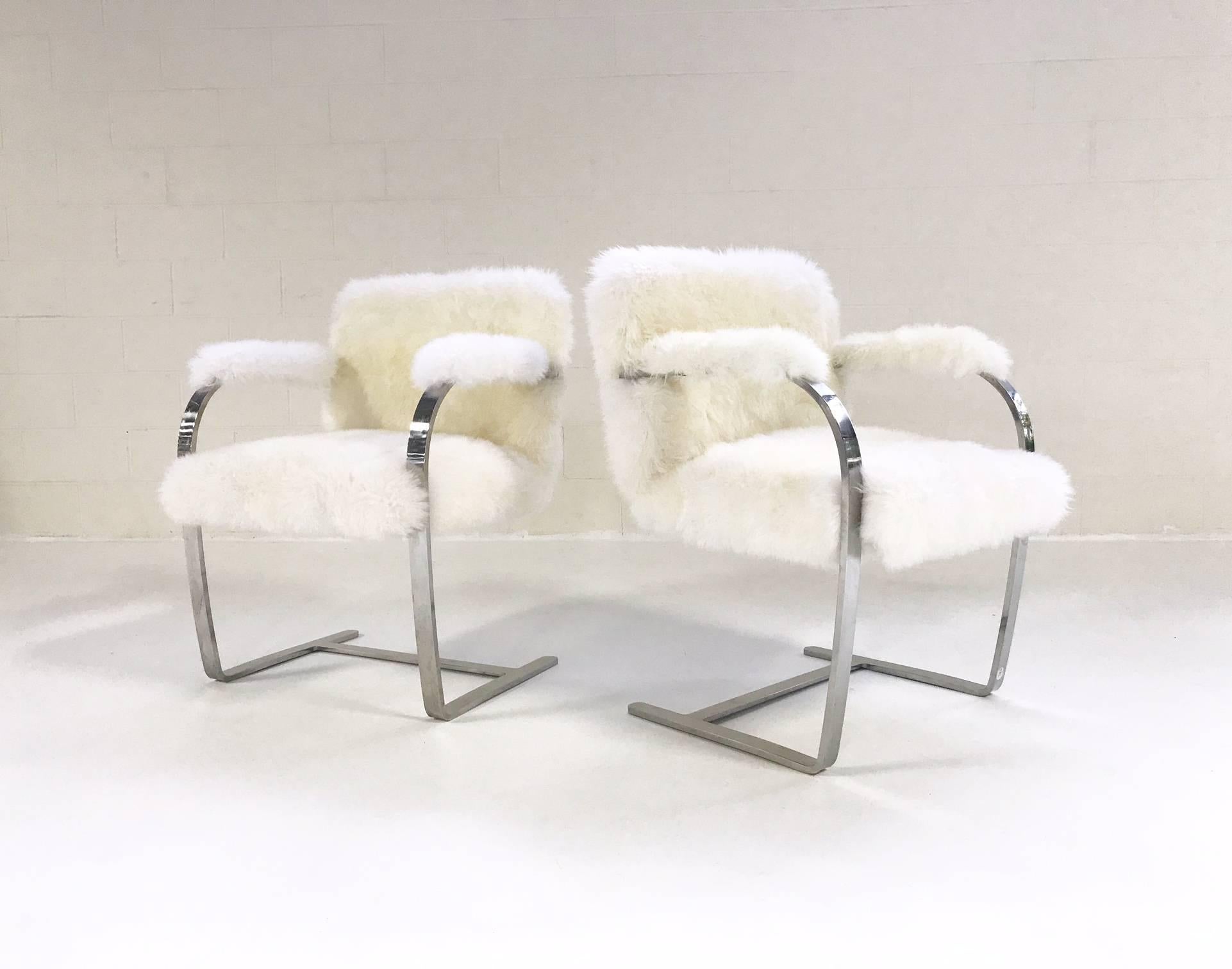 Mid-Century Modern Mies Van Der Rohe Brno Chairs for Knoll in New Zealand Sheepskin - Pair