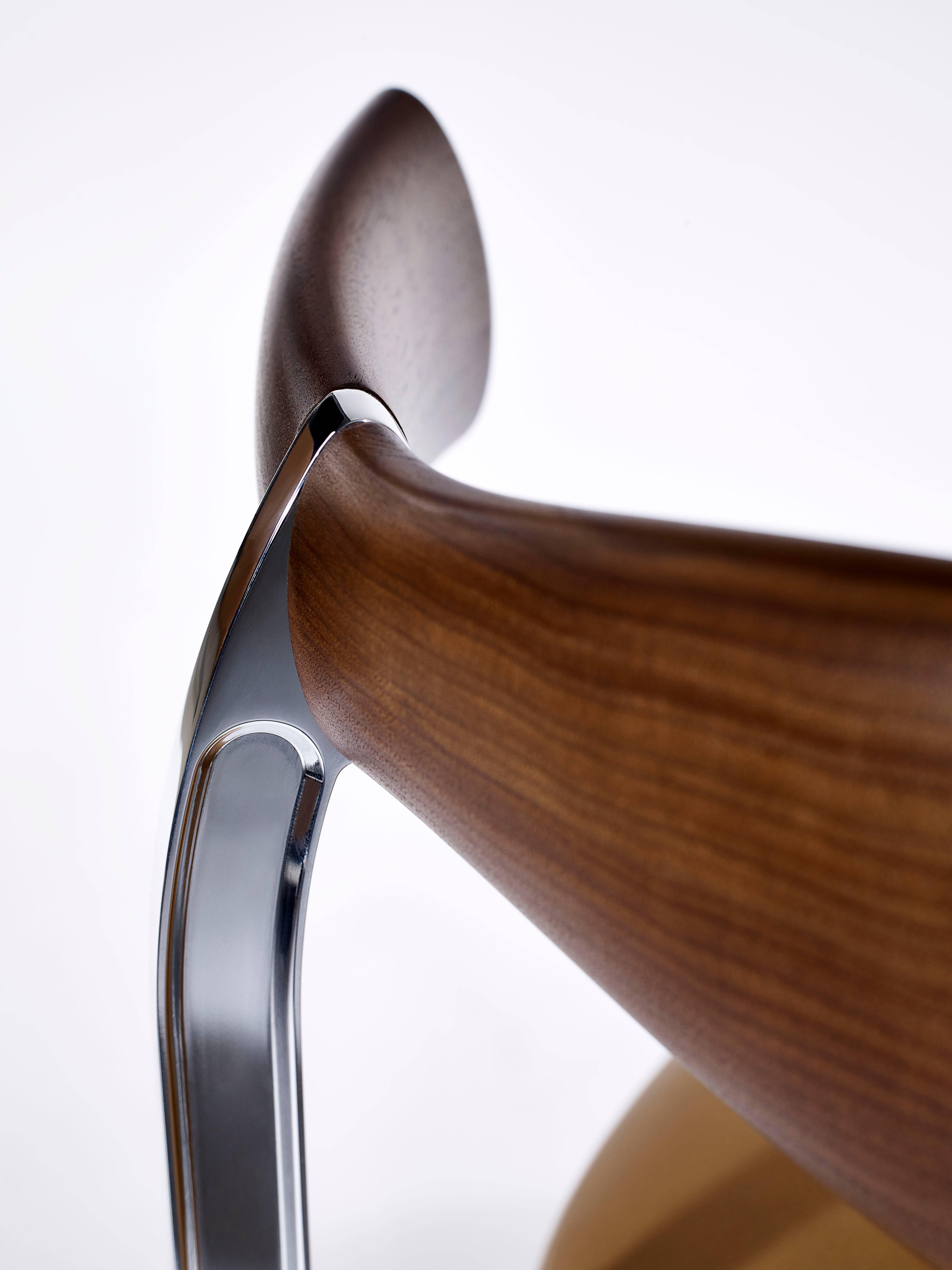 British Contemporary Rifle Chair in Walnut and Brushed Brass and Polished Aluminum
