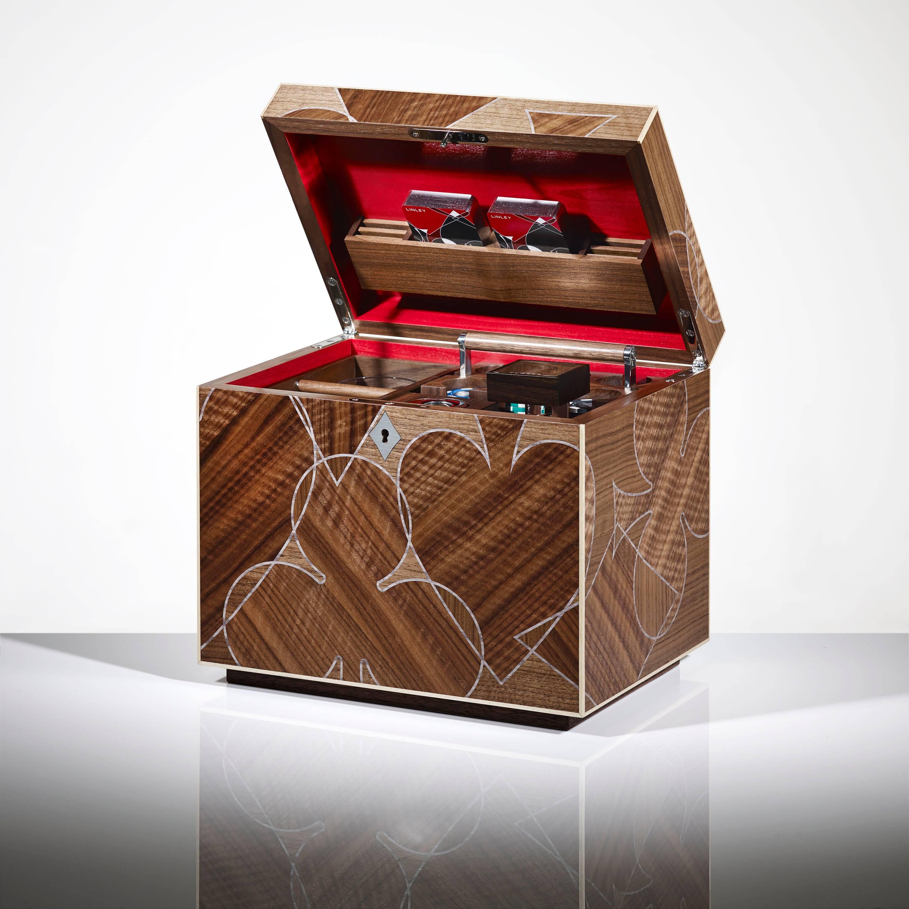 Drinking, Smoking and Gambling - Specially designed for the individual who enjoys combining a casual drink with a game of poker whilst indulging in a fine cigar, the Vice Box has been carefully crafted in walnut by a skilled LINLEY craftsmen.