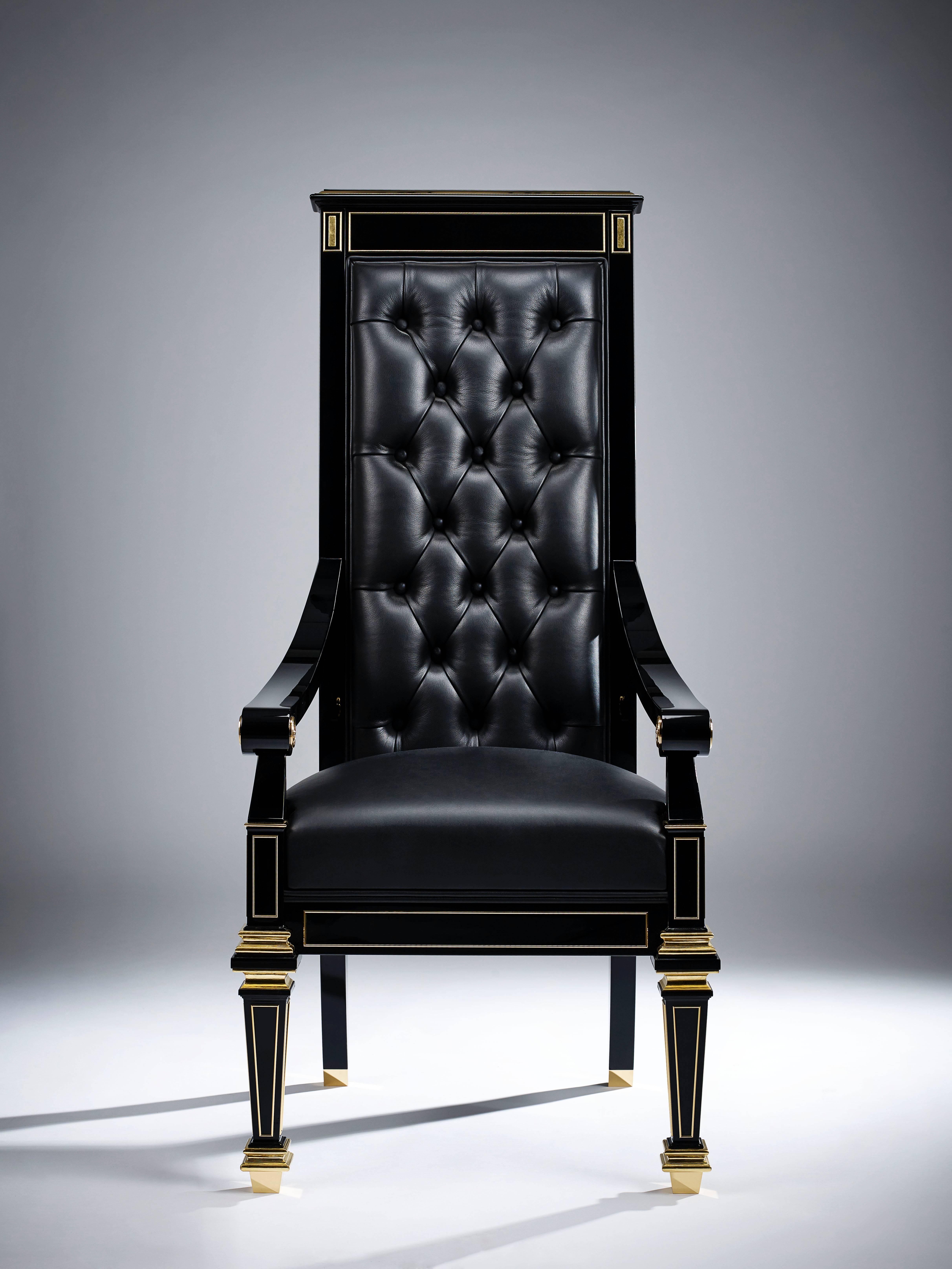 A privately commissioned desk and throne for a gold and monochrome project now available for general sale due to surplus of requirement. Handcrafted in ebonised walnut and gold, the drawers supply plentiful storage space and are each framed with