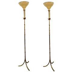 Pair of Brass Lotus and Bamboo Floor Lamps, France, Mid-20th Century