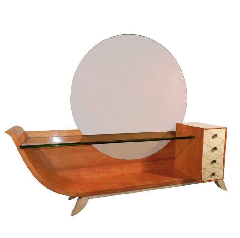 Very Large Art Deco Vanity In Blond Mahogany Parchemine And Mirror Very Large Art Deco Vanity In Blond Mahogany Parchemine And Mirror For
