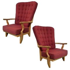 Guillerme & Chambron, Pair of Oak Armchairs "Grand Repos"