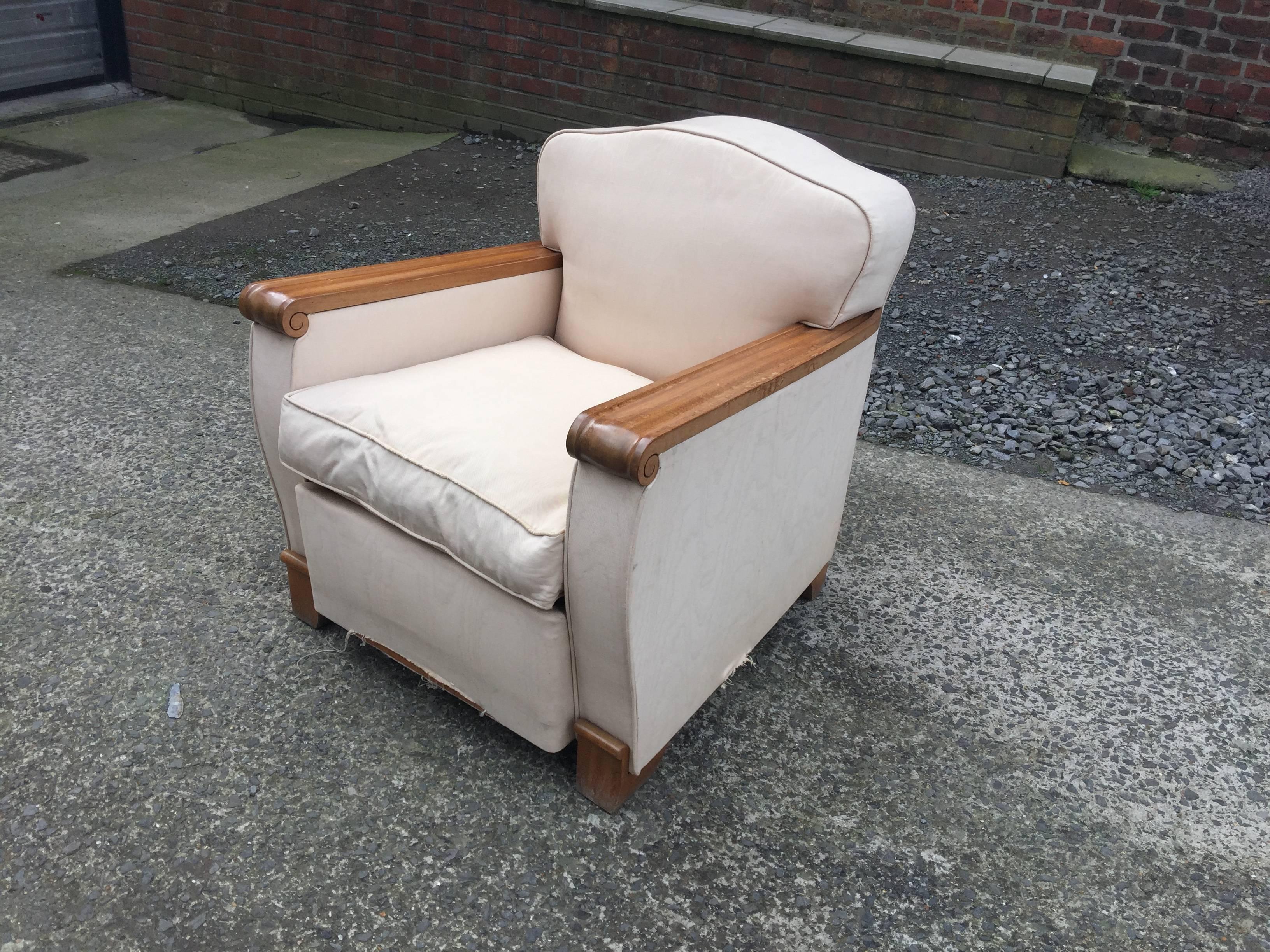 Fabric Gaston Poisson, Pair of Art Deco Blond Mahogany Armchairs For Sale
