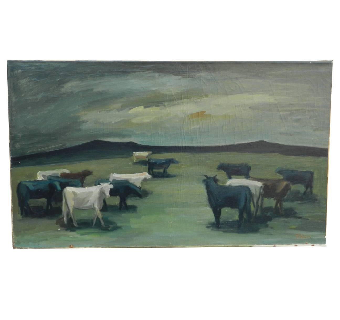 Paul Georges Klein, "Taureaux" Oil on Canvas Signed P.Klein