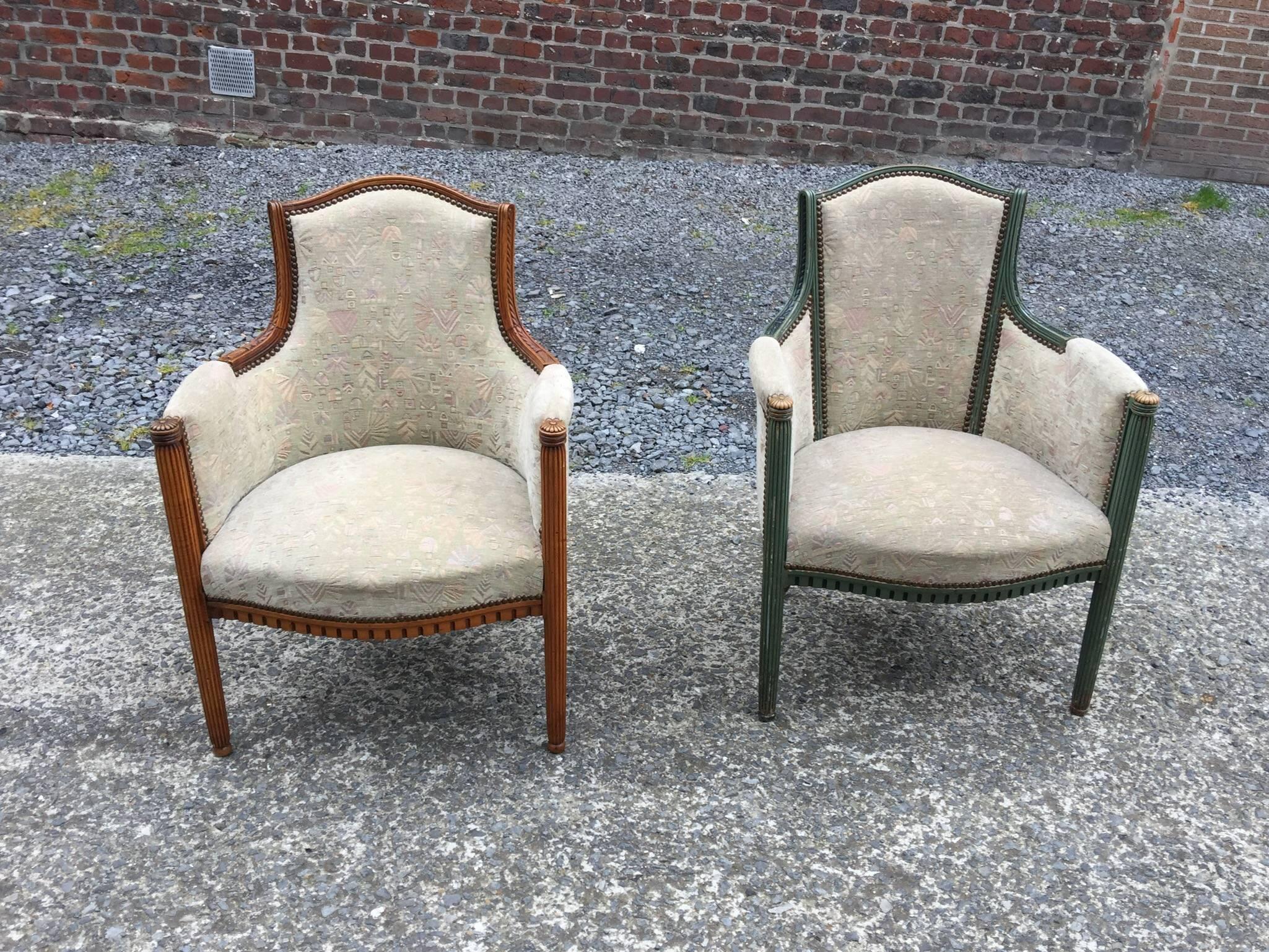two  elegant Art Deco armchairs, circa 1925-1930
Same model but one with green patina and the other in natural wood.

 