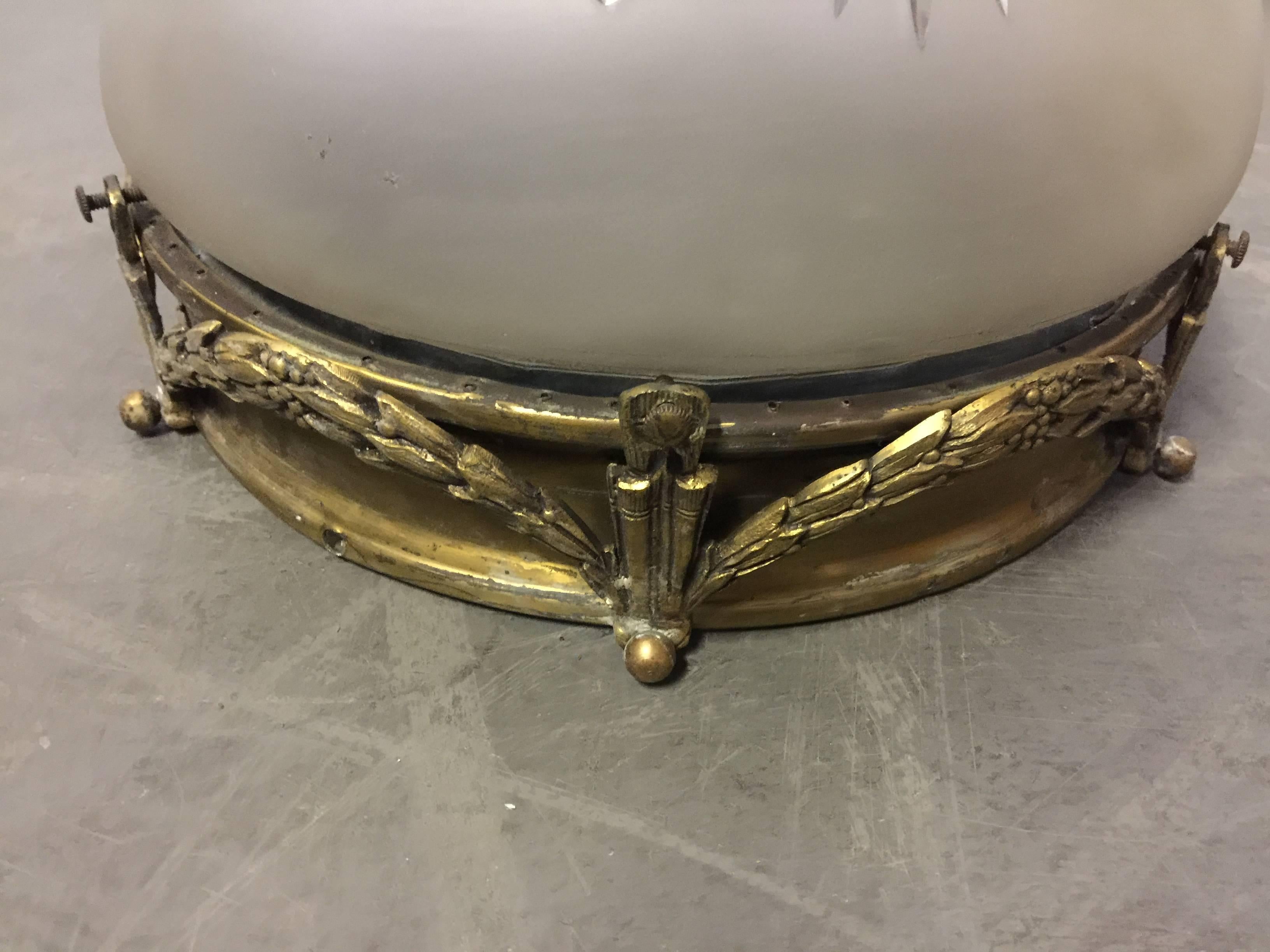 Napoleon III Ceiling Lamp circa 1900, in Gilded Metal and Engraved Glass For Sale