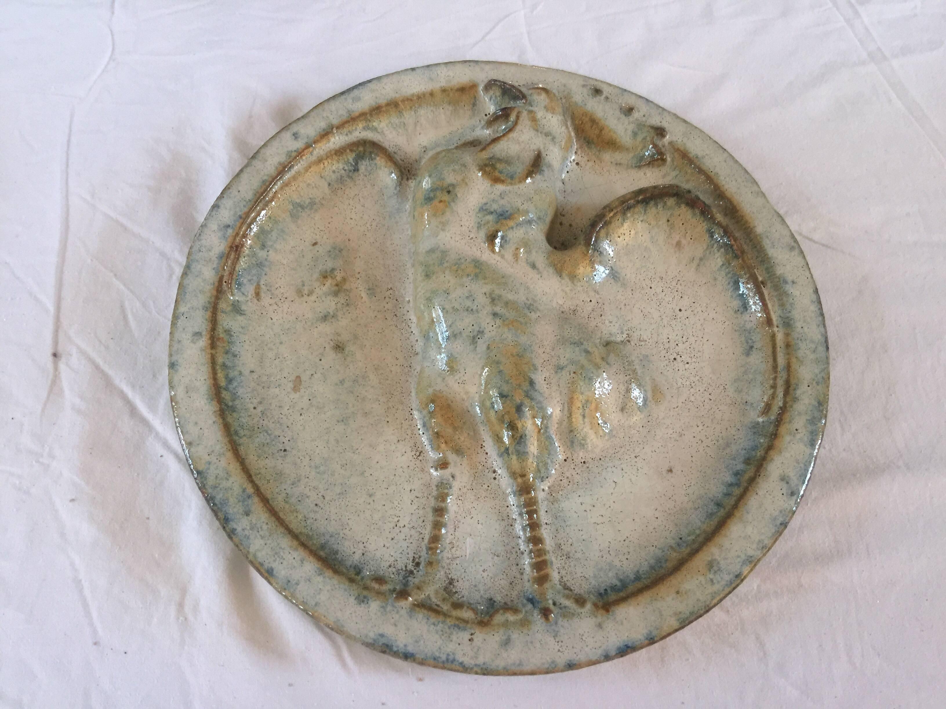 French Alexandre Bigot, Art Nouveau Sandstone Medallion with Rooster Design