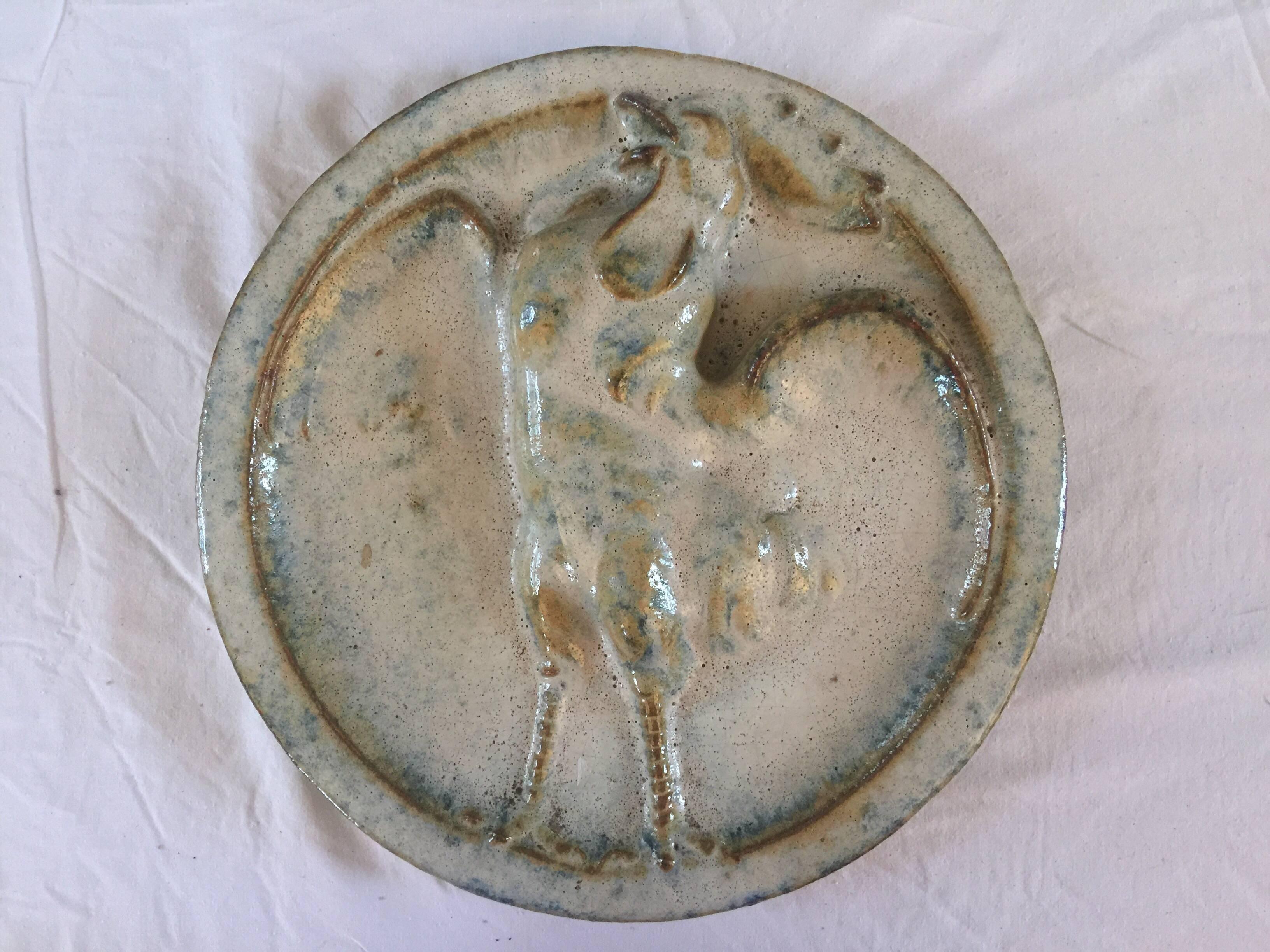 Early 20th Century Alexandre Bigot, Art Nouveau Sandstone Medallion with Rooster Design