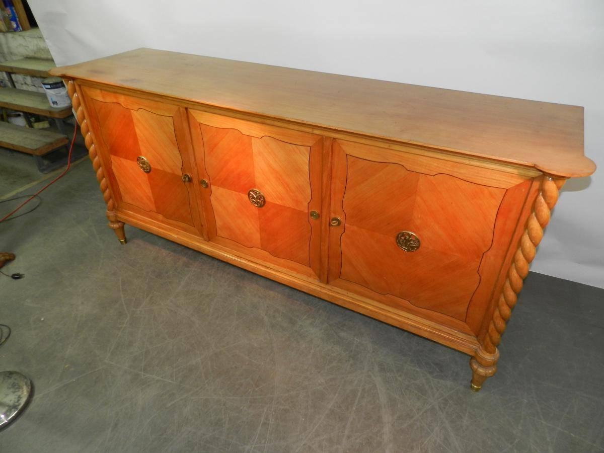 French Art Deco Cherry Wood Sideboard circa 1940-1950, Lovely Bronzes For Sale