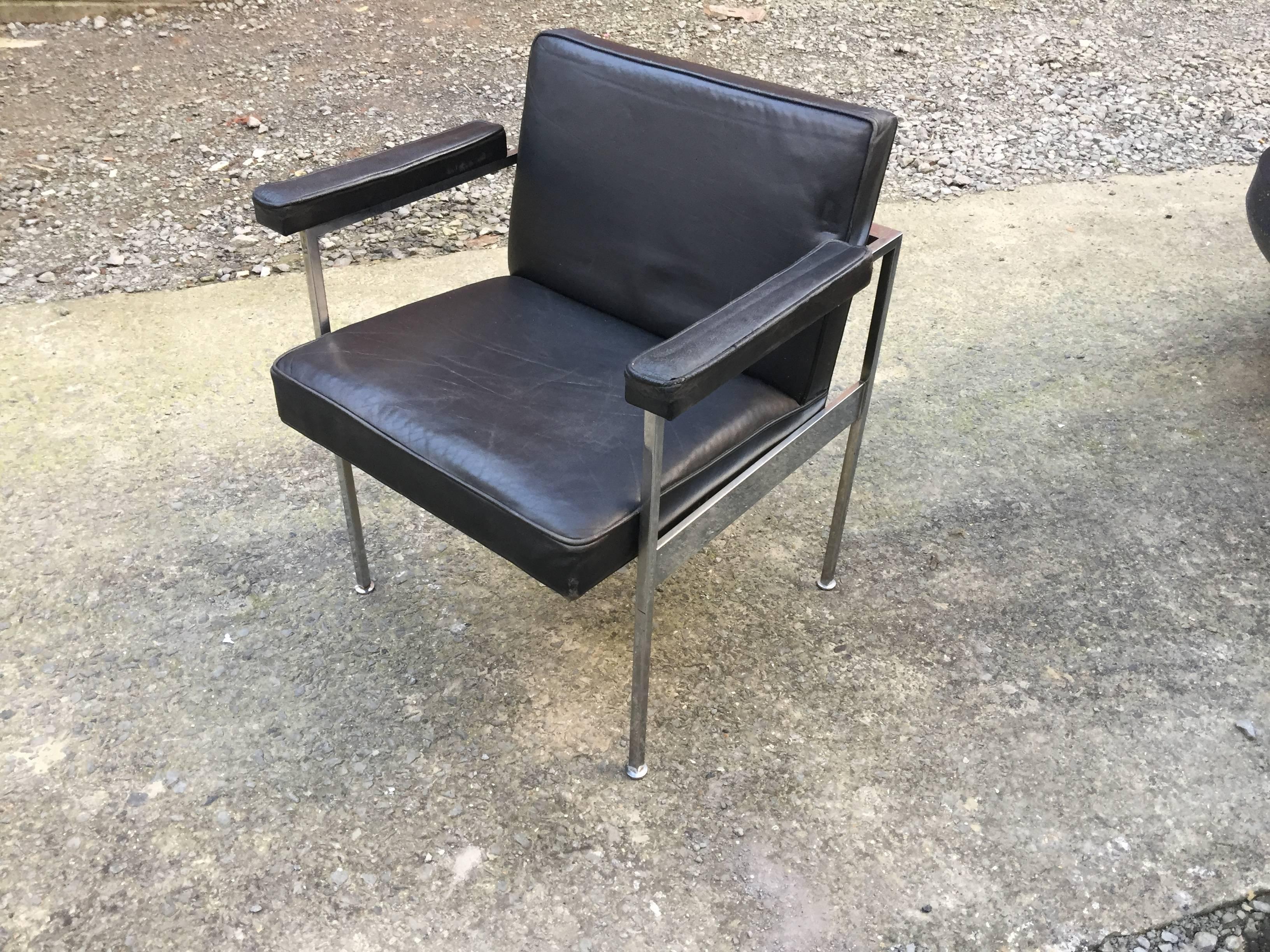 Maurice Rinck, pair of 1960s desk armchairs in leather and chromed metal.
 