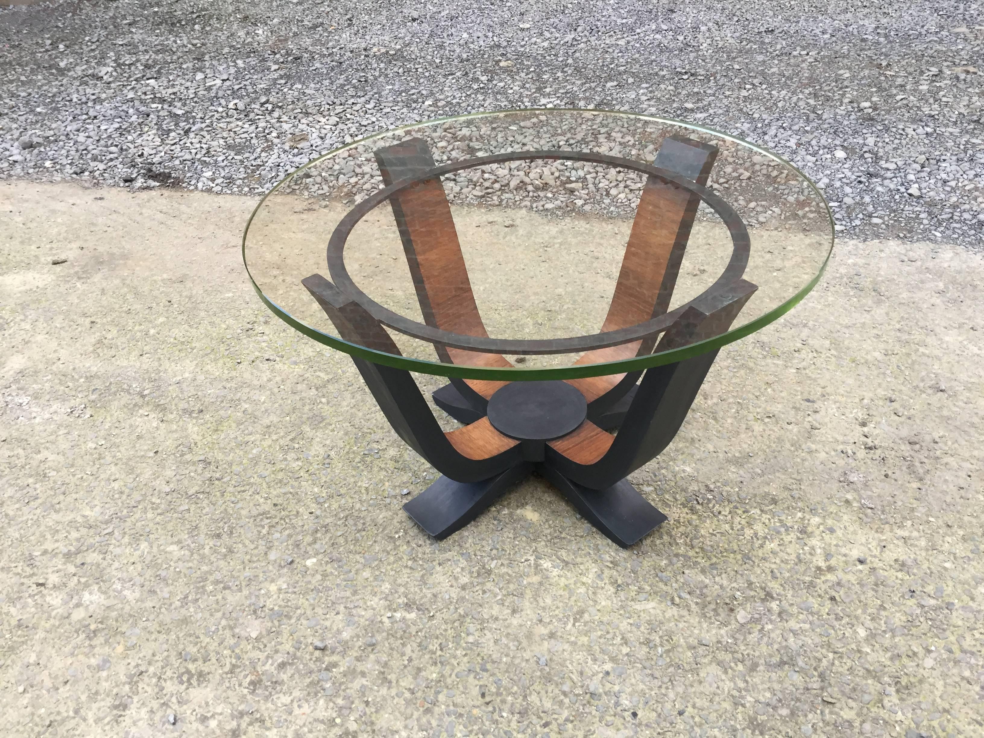 French Art Deco Palisander Gueridon in Blackened Wood and Solid Glass For Sale
