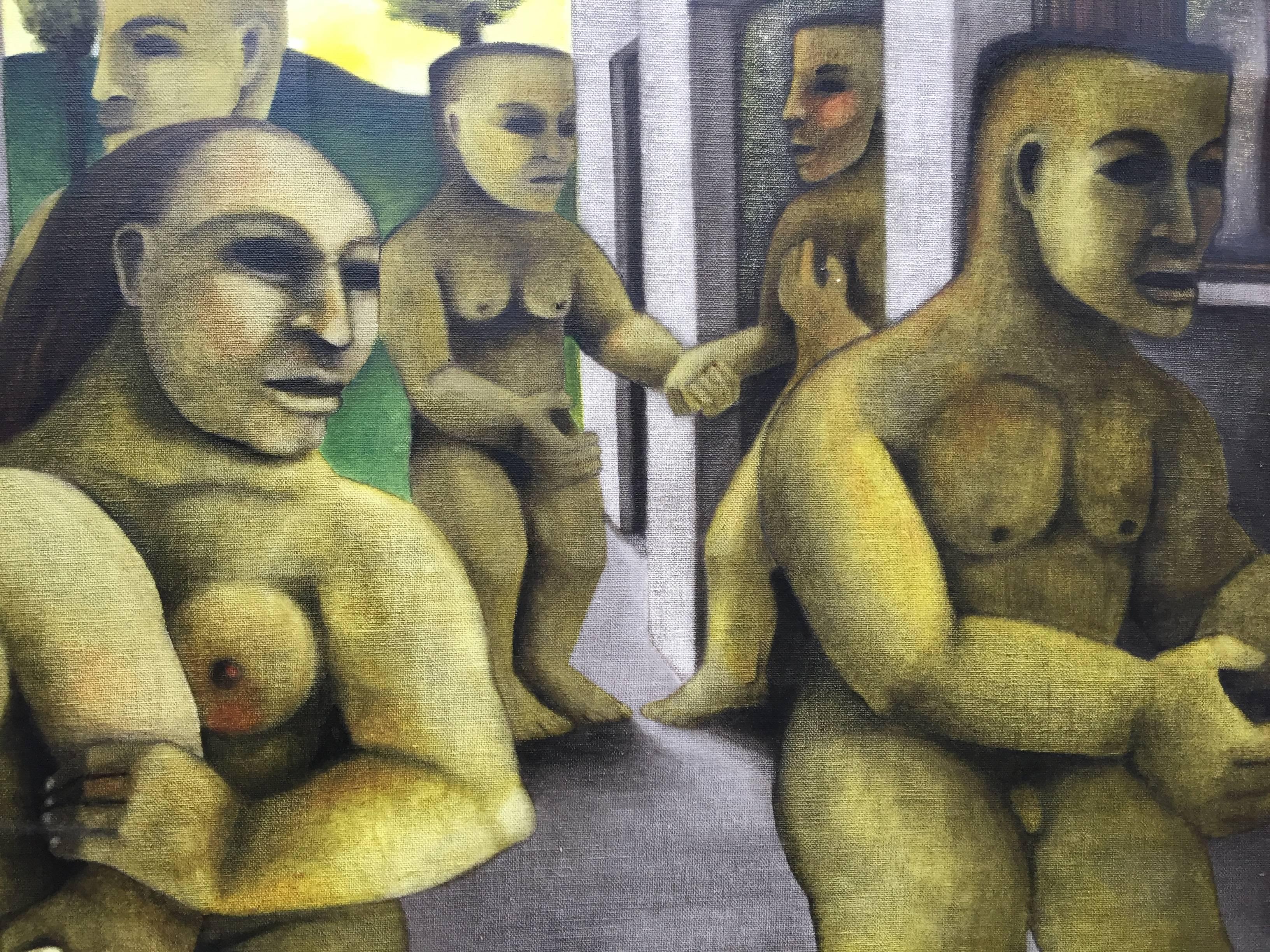 Michle Demedts, Großes Ölgemälde auf Leinwand im Stil des Art déco, signiert Demedts, um 1980 (Farbe) im Angebot