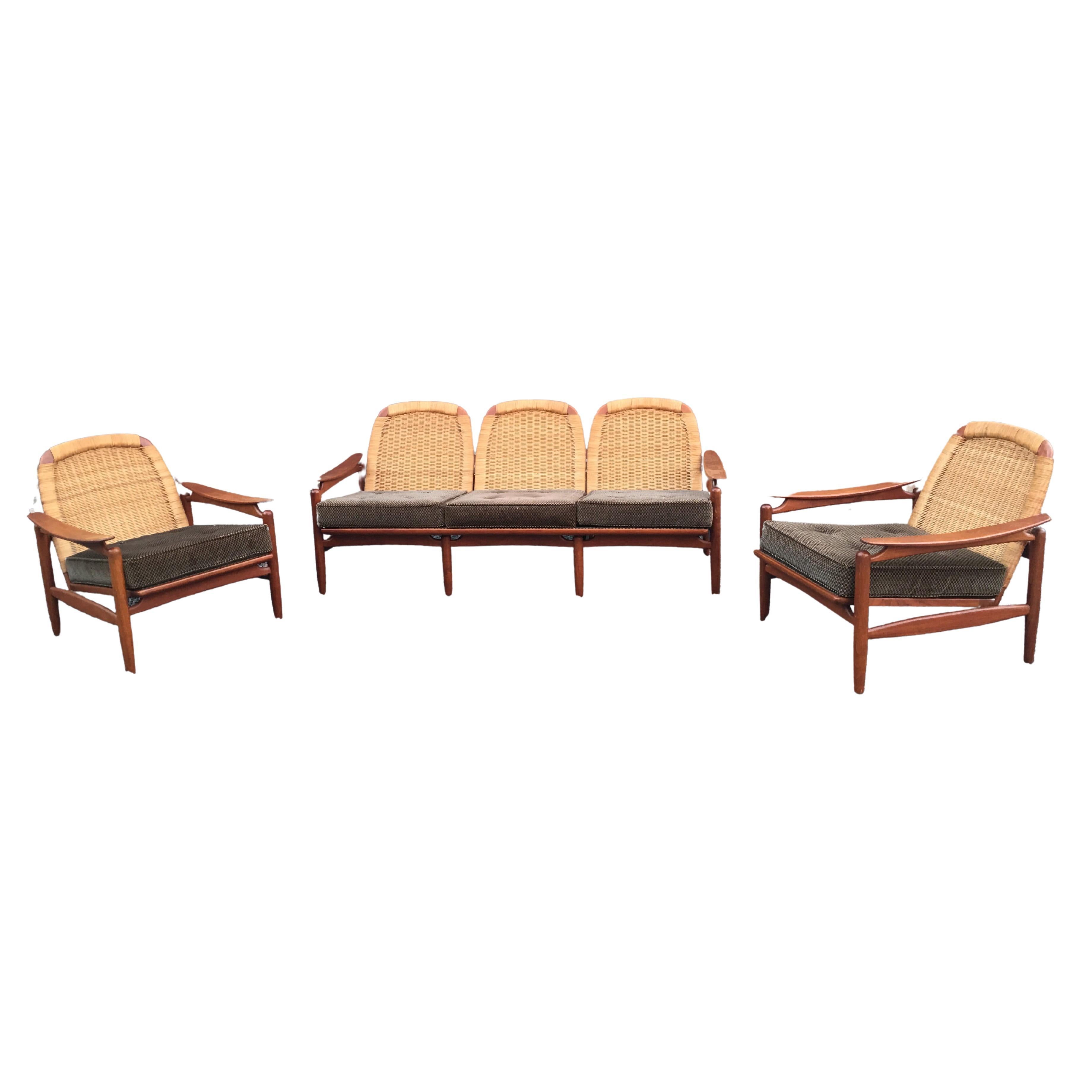 Scandinavian Style Living Room in Teak and Rattan, circa 1960-1970 For Sale