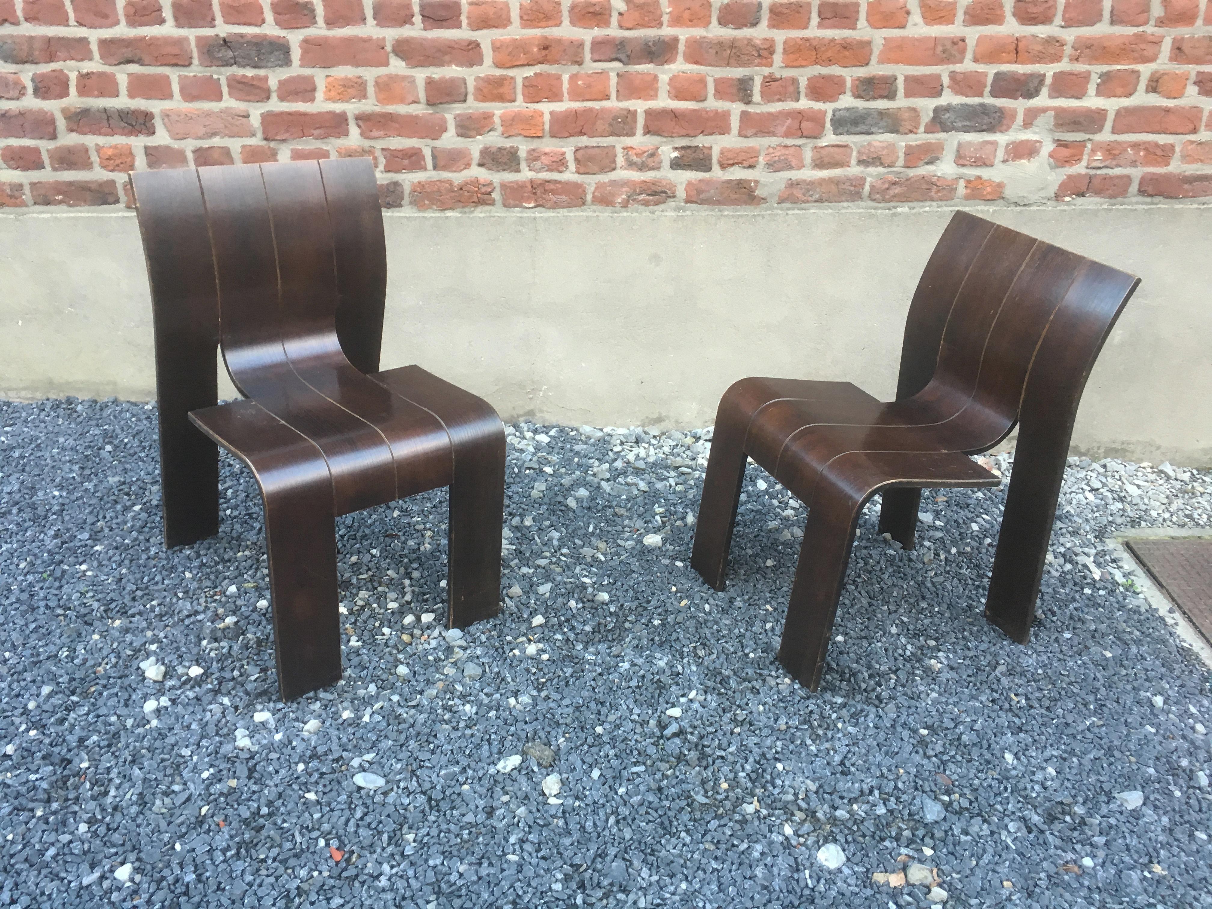 Mid-Century Modern 1974, Gijs Bakker, Castelijn, four Stackable Bended Wood Strip Chair For Sale