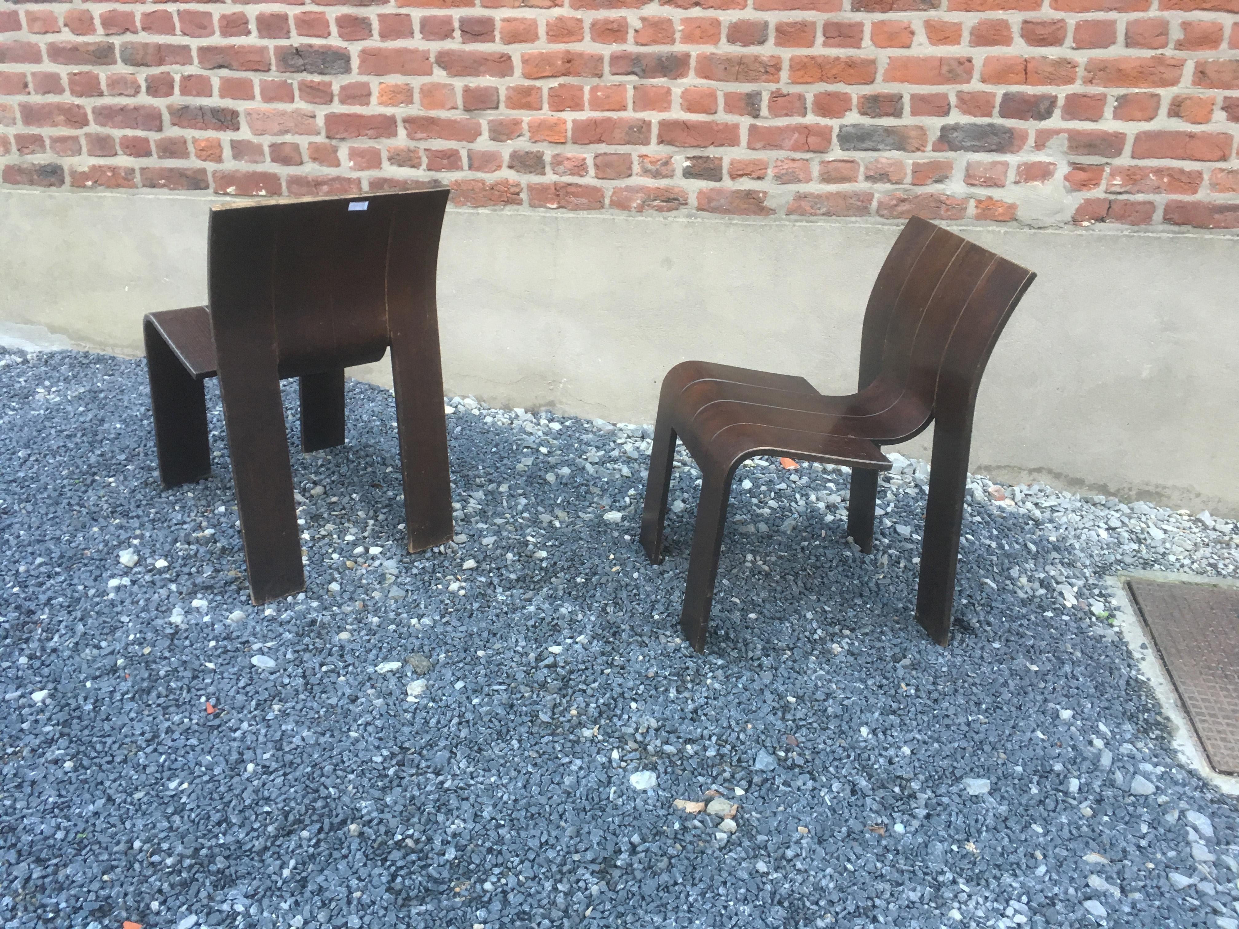 Dutch 1974, Gijs Bakker, Castelijn, four Stackable Bended Wood Strip Chair For Sale