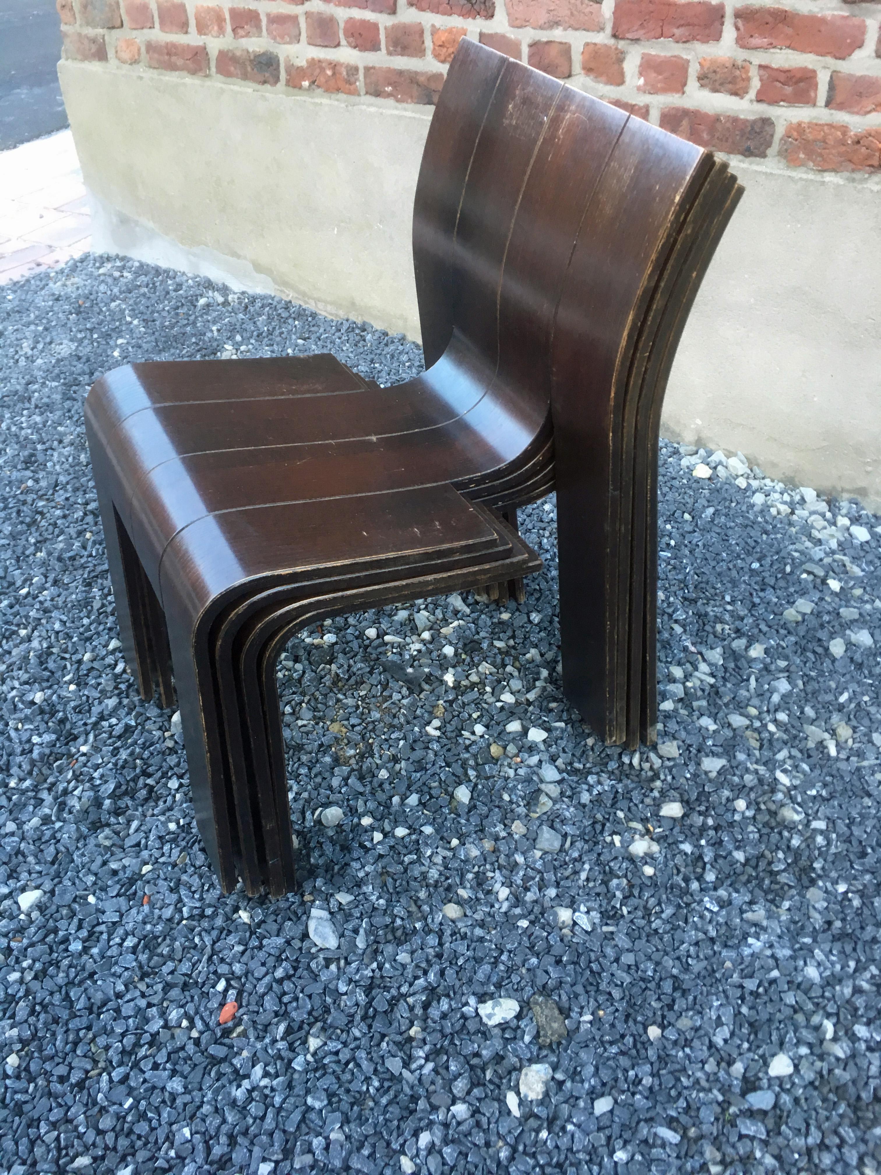 1974, Gijs Bakker, Castelijn, four Stackable Bended Wood Strip Chair For Sale 3