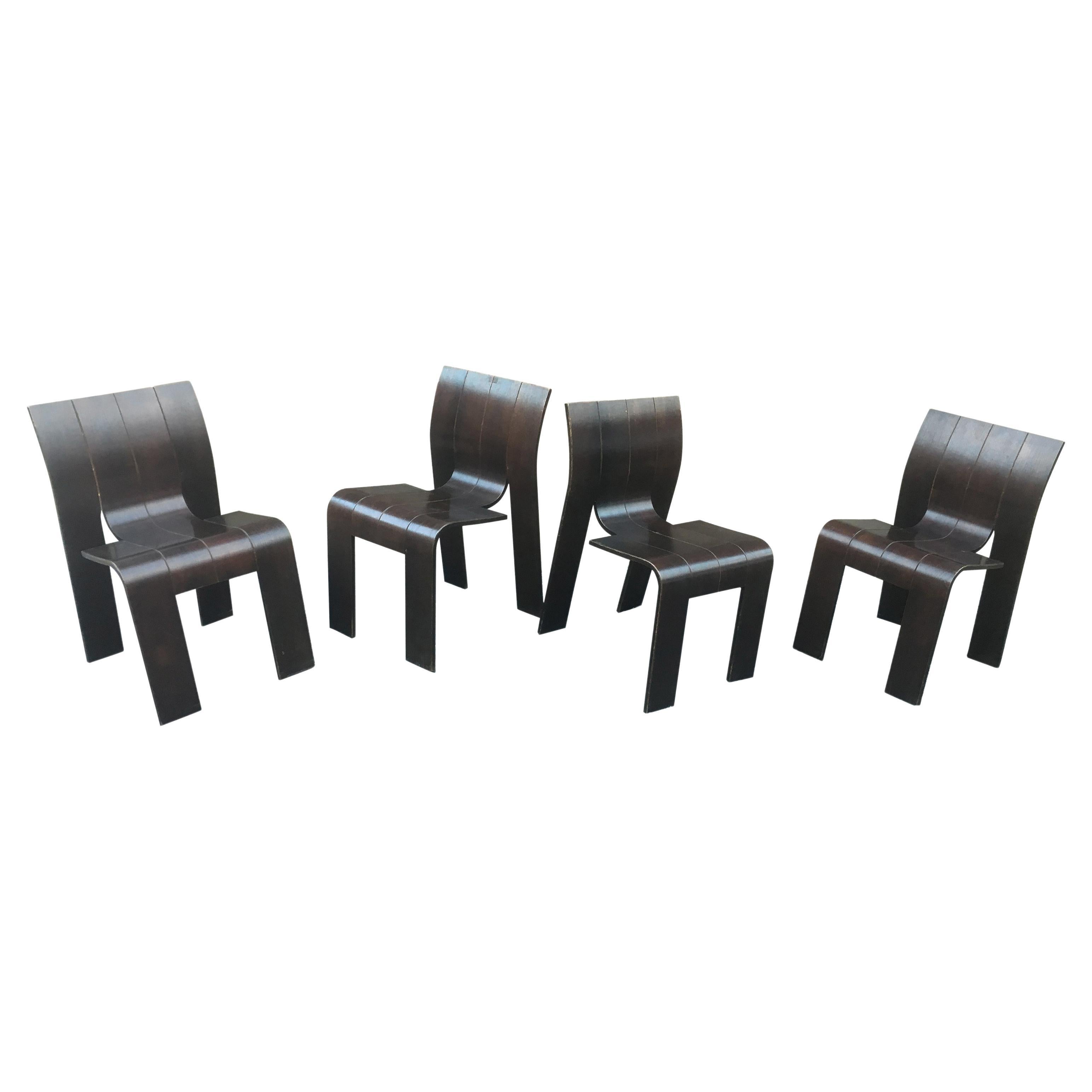 1974, Gijs Bakker, Castelijn, four Stackable Bended Wood Strip Chair For Sale