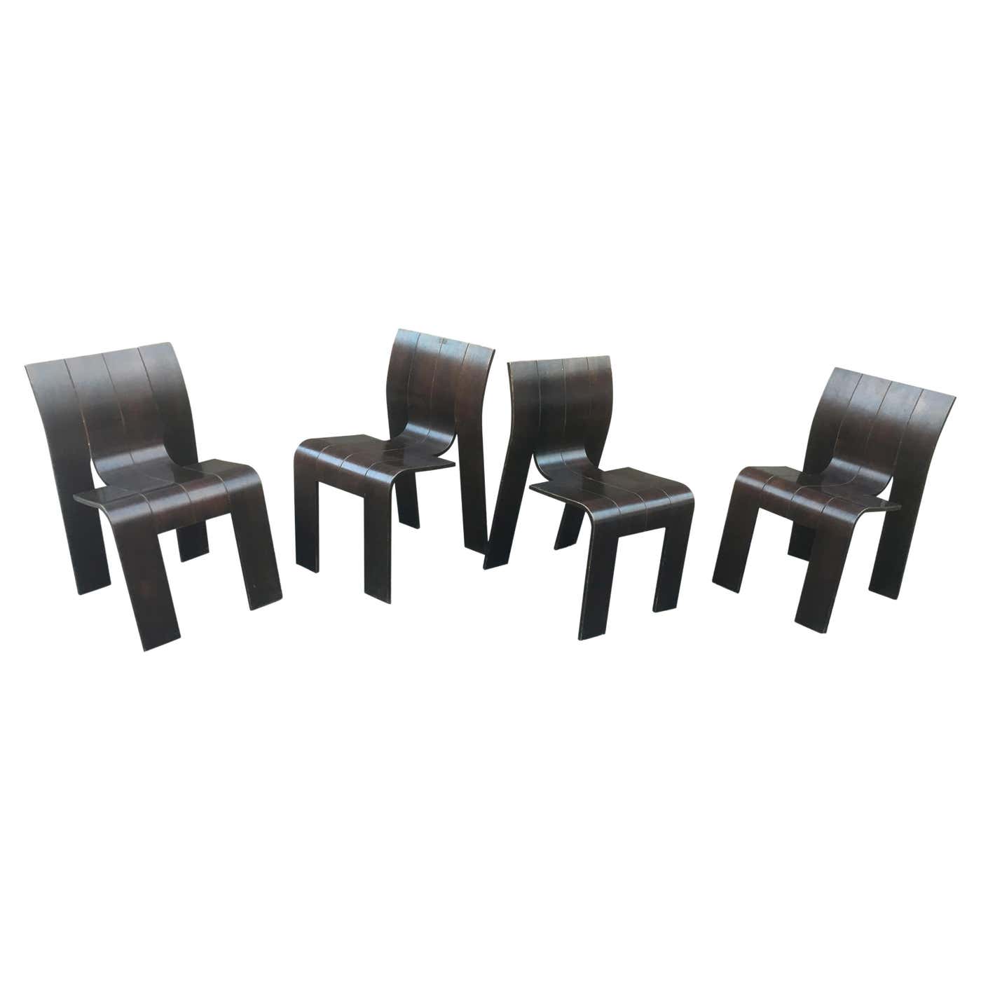 1974, Gijs Bakker, Castelijn, four Stackable Bended Wood Strip Chair ...