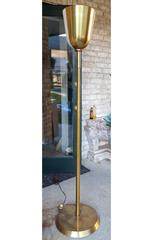 Jean Perzel. Floor lamp, shade half frosted opal glass and half brass.