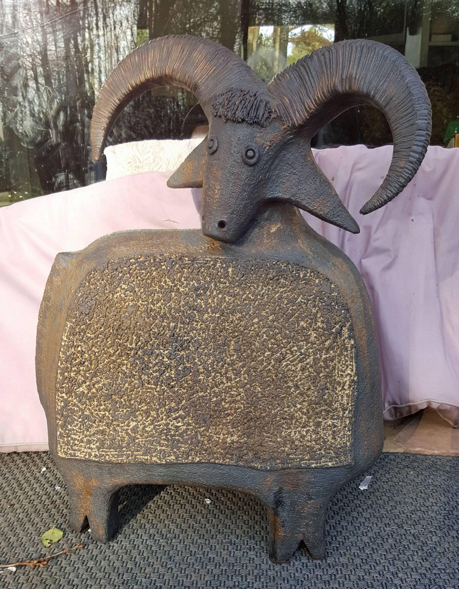 French Terracotta Goat by Pouchain in Brown and Gold Patina For Sale