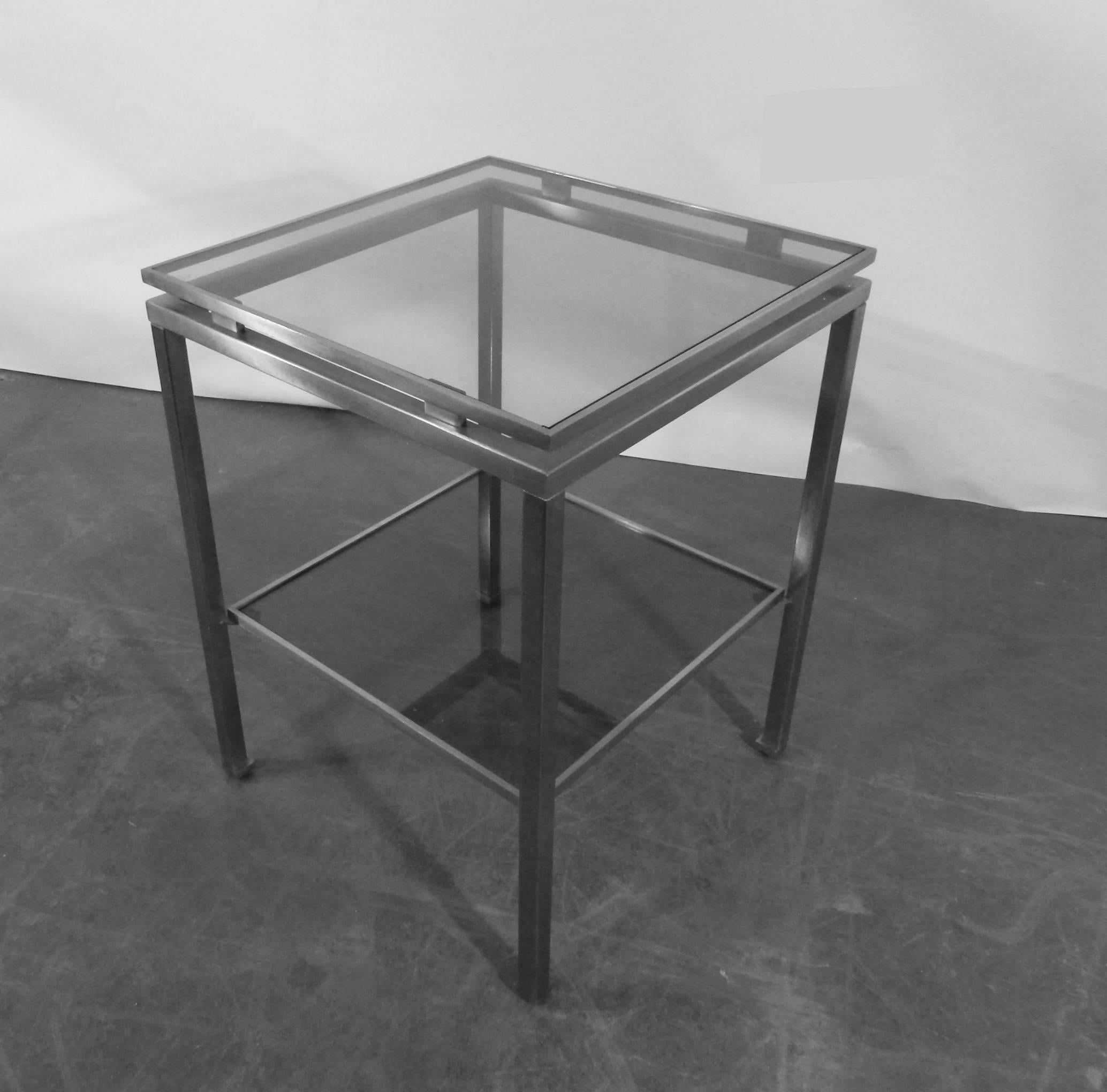 Mid-Century Modern Guy Lefevre  Two Side Tables in Brushed Steel, Maison Jansen For Sale