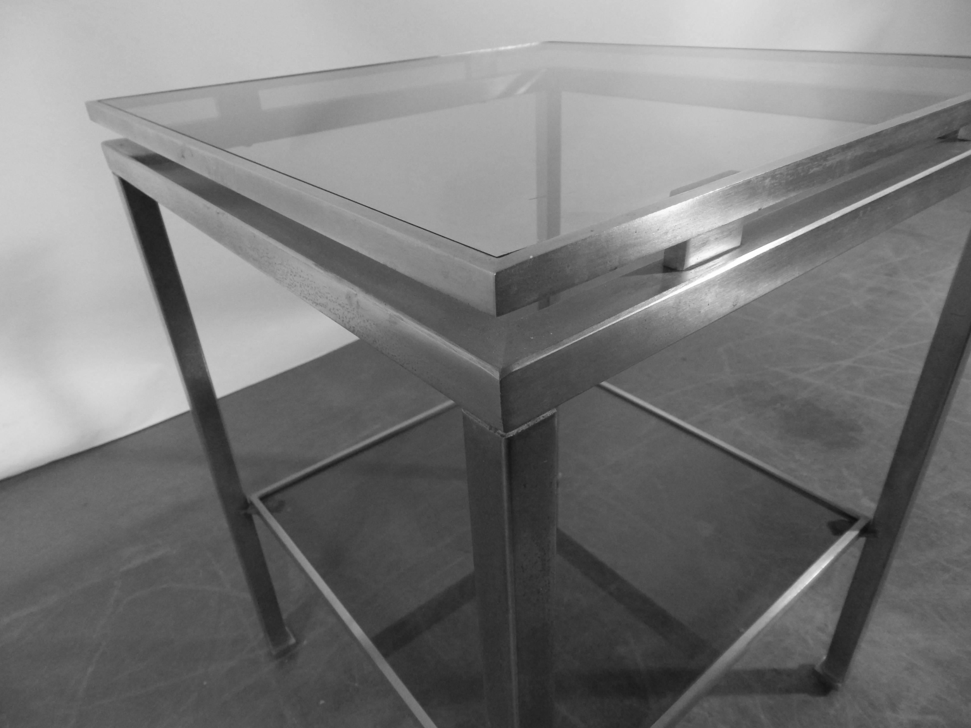 French Guy Lefevre  Two Side Tables in Brushed Steel, Maison Jansen For Sale