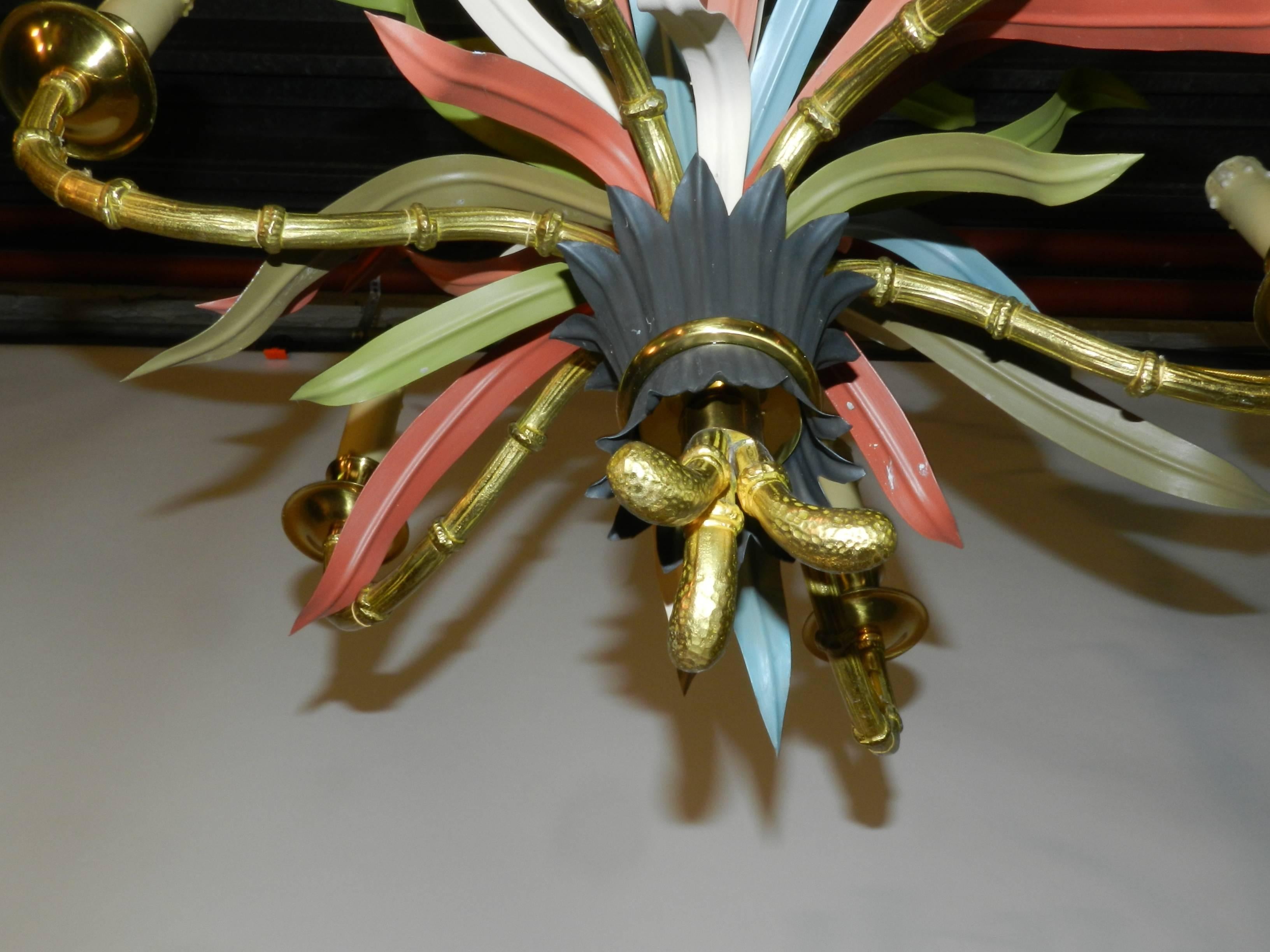 Maison Baguès, Gilt Bronze and Polychromed Metal Chandelier In Good Condition For Sale In Saint-Ouen, FR