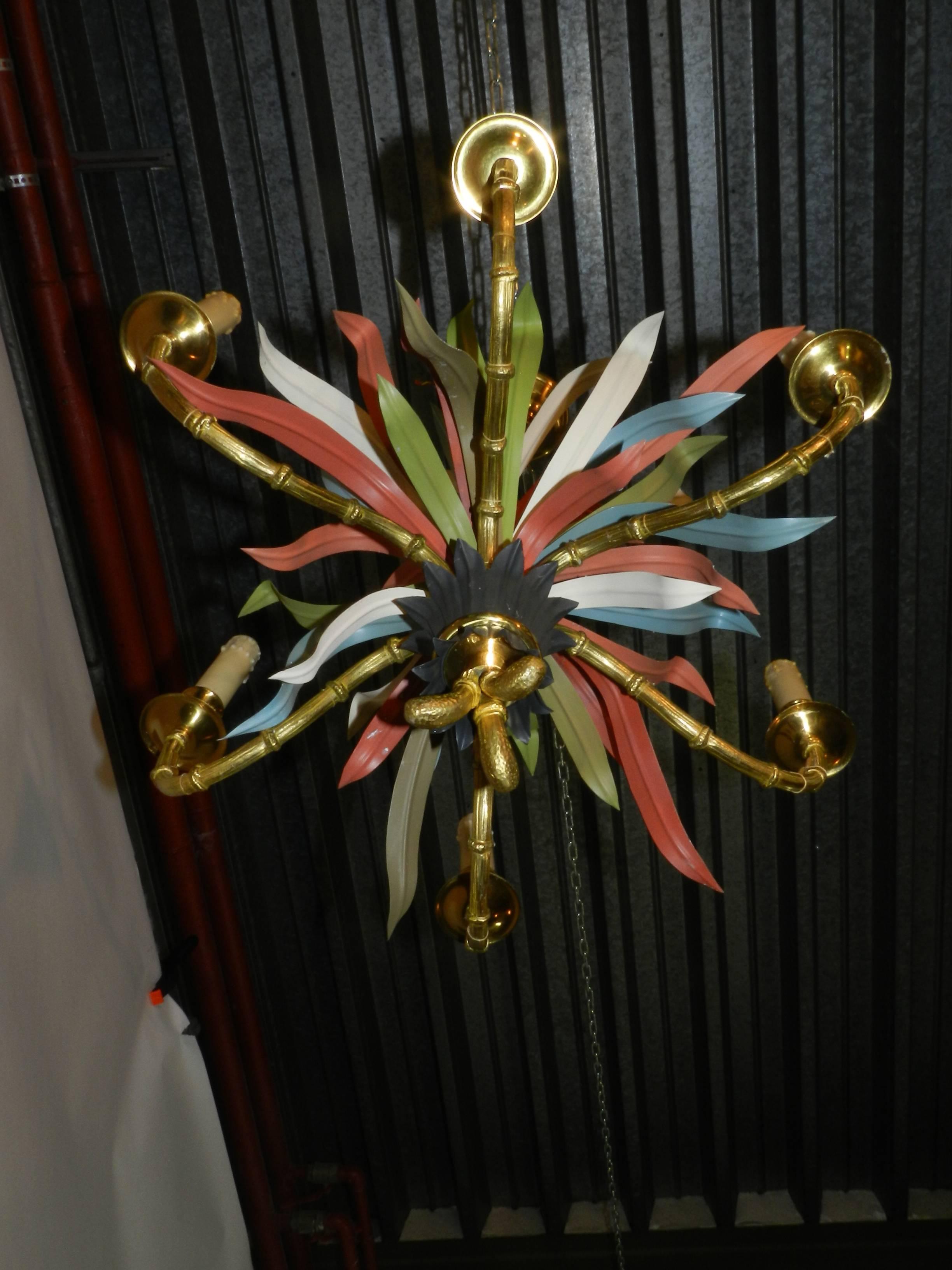 French Maison Baguès, Gilt Bronze and Polychromed Metal Chandelier For Sale