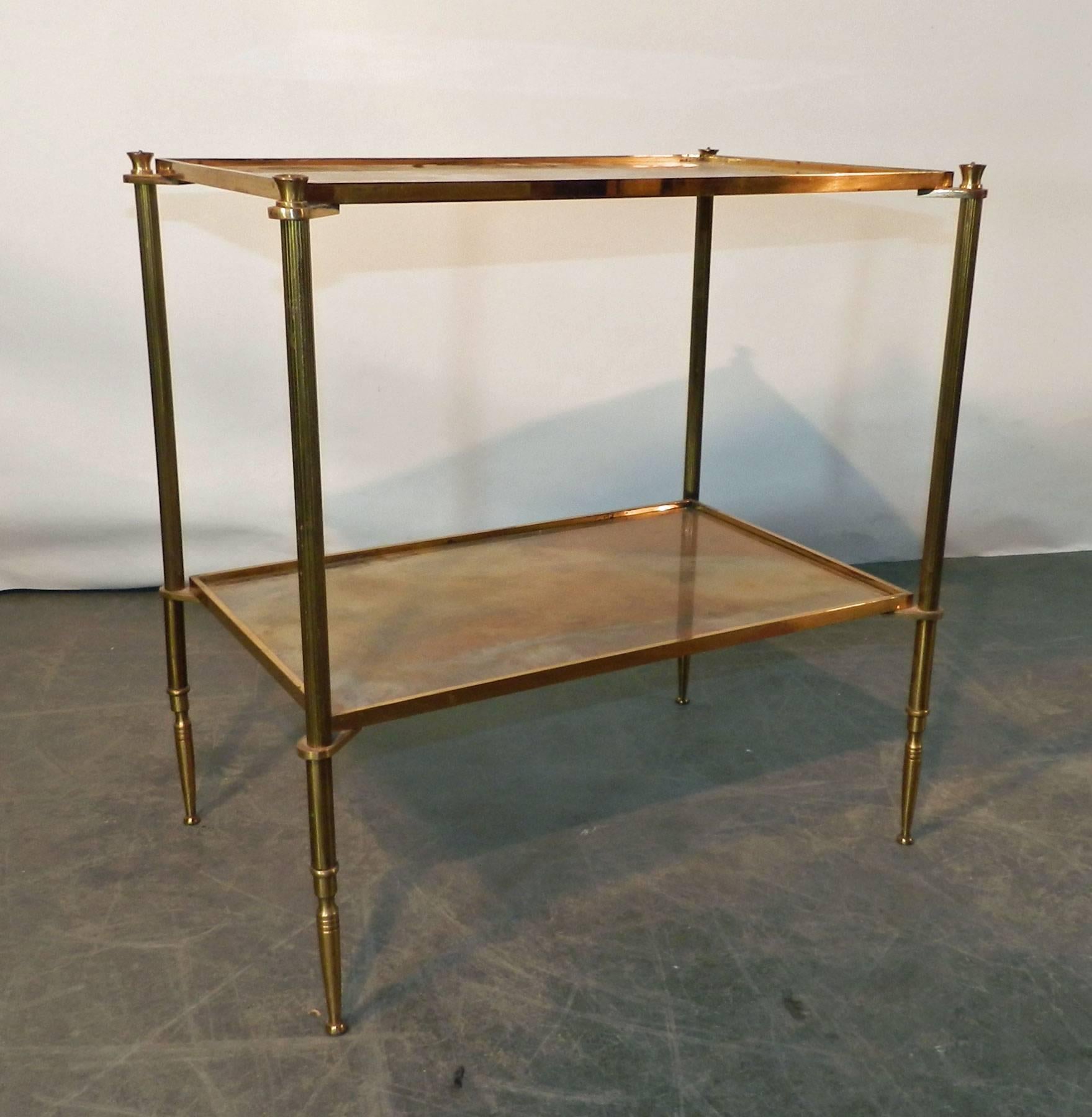 Mid-Century Modern Maison Baguès  Pair of Side Tables in Gilt Metal, Top in Cloudy Mirror