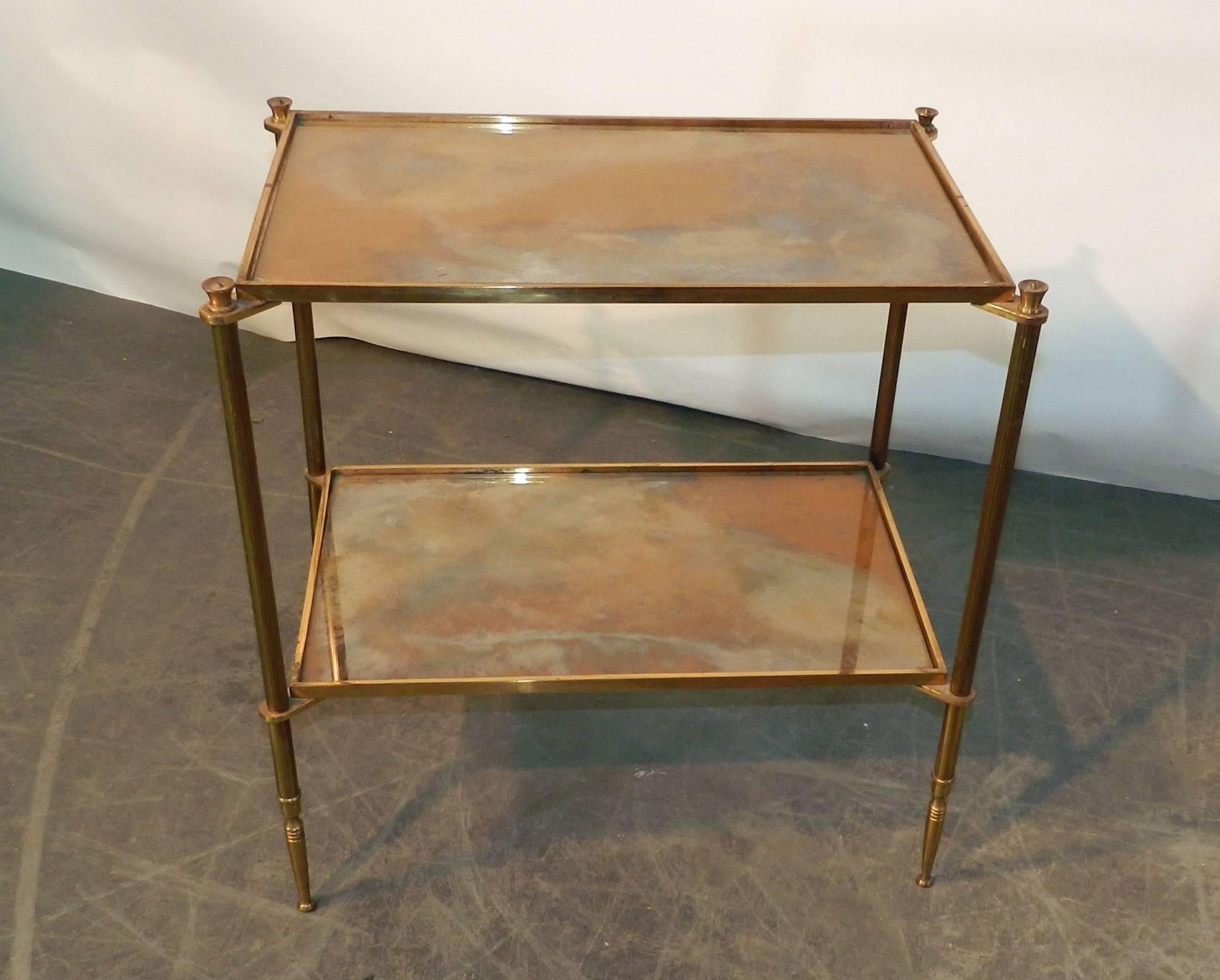 French Maison Baguès  Pair of Side Tables in Gilt Metal, Top in Cloudy Mirror