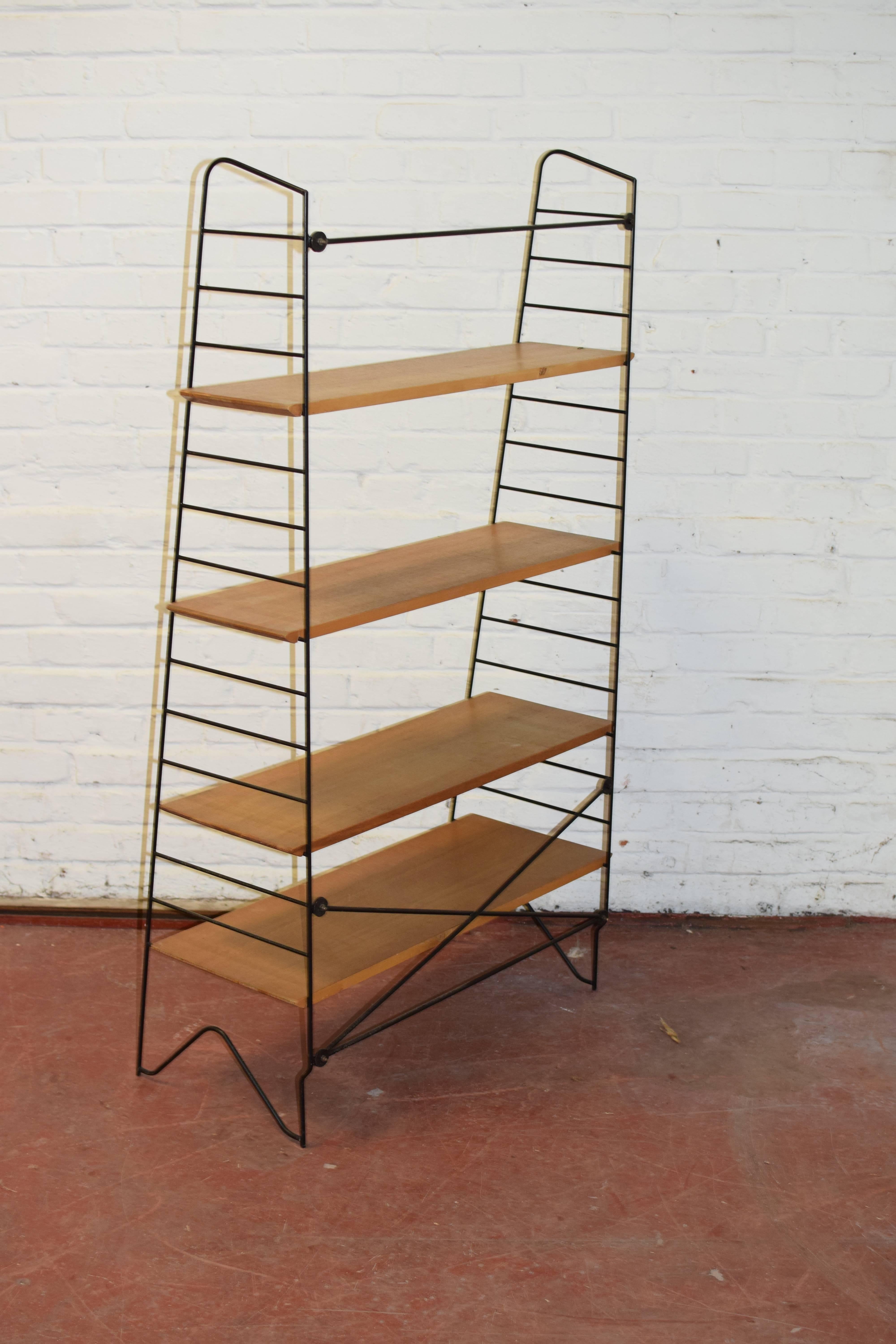 Mid-Century Modern 1950 Solid Oak and Lacquered Metal Shelf For Sale