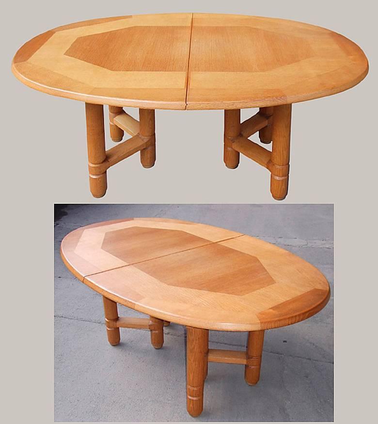 Guillerme & Chambron, Elmyre dining room table in oak. Edition Votre Maison.
Two leaves. ( 2 x 55 cm )
74 x 177 x 110 cm 
74 x 232 x 110 cm
74 x 287 x 110 cm
