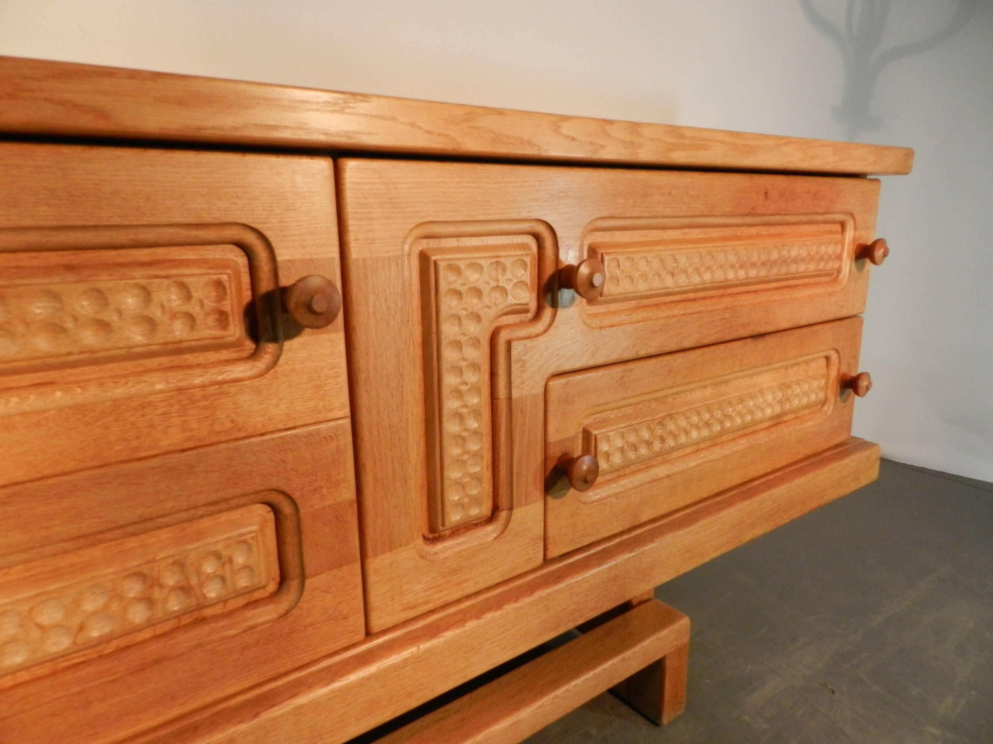 French Guillerme & Chambron Rare Large Oak Sideboard with Sliding Doors and Drawers