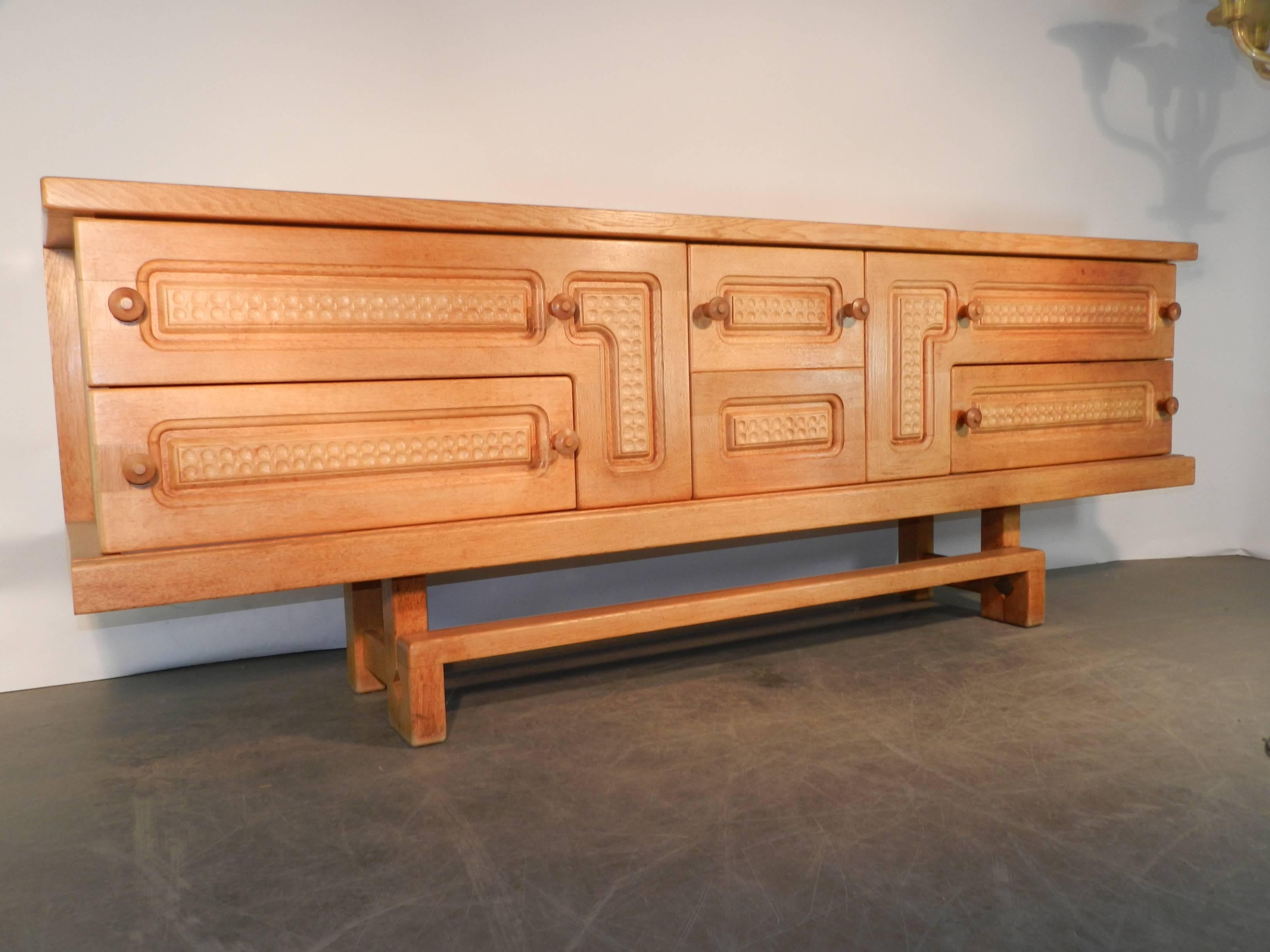 20th Century Guillerme & Chambron Rare Large Oak Sideboard with Sliding Doors and Drawers