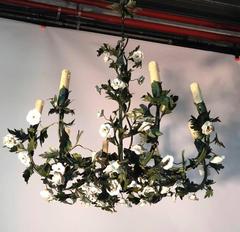 Neo-Romantic Green Wrought Iron Chandelier with Ceramic Flowers