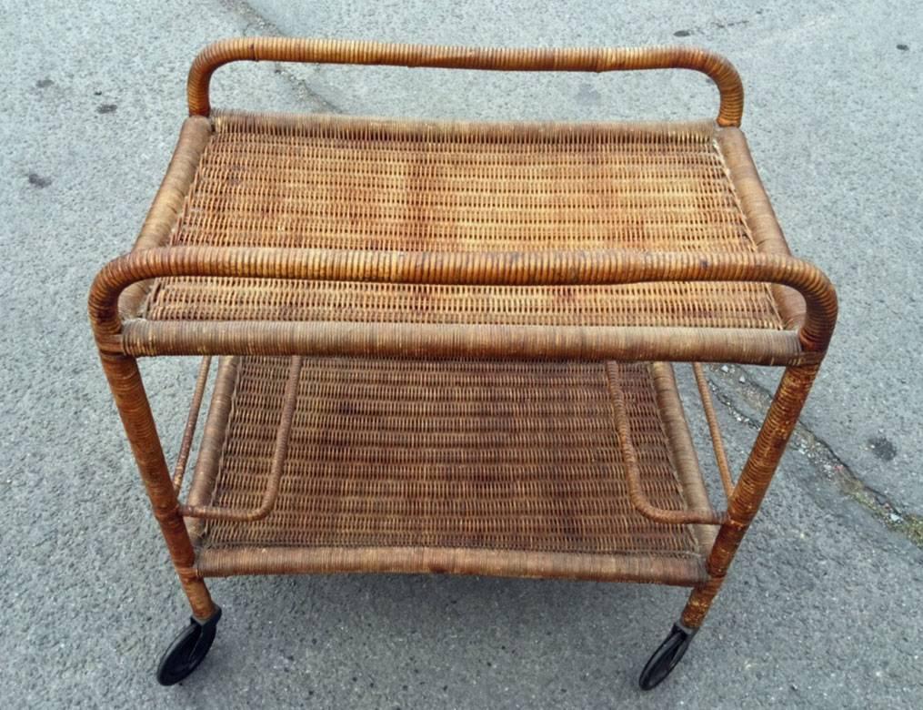 Attributed to Jacques Adnet, Art Deco trolley in rattan.