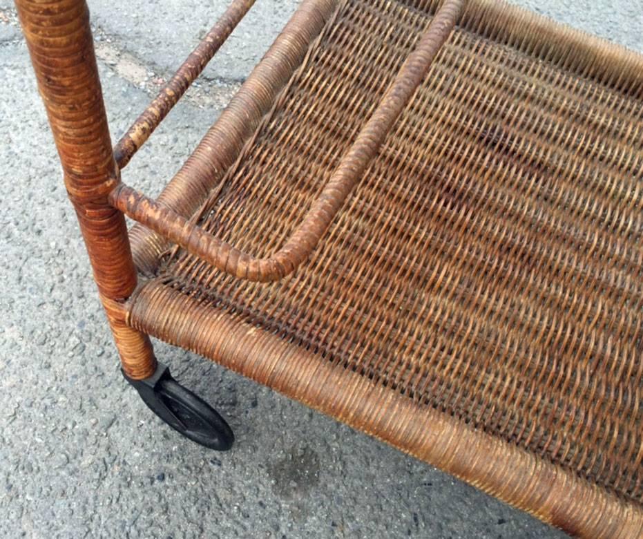 Mid-Century Modern Attrtibuted to Jacques Adnet, Art Deco Trolley in Rattan