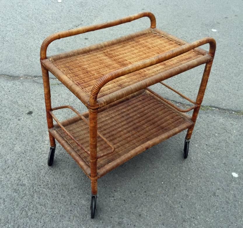 French Attrtibuted to Jacques Adnet, Art Deco Trolley in Rattan