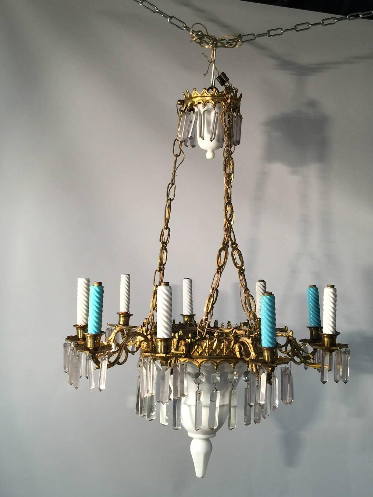 Early 20th Century Ceramic, Glass and Brass Chandelier, circa 1900 For Sale