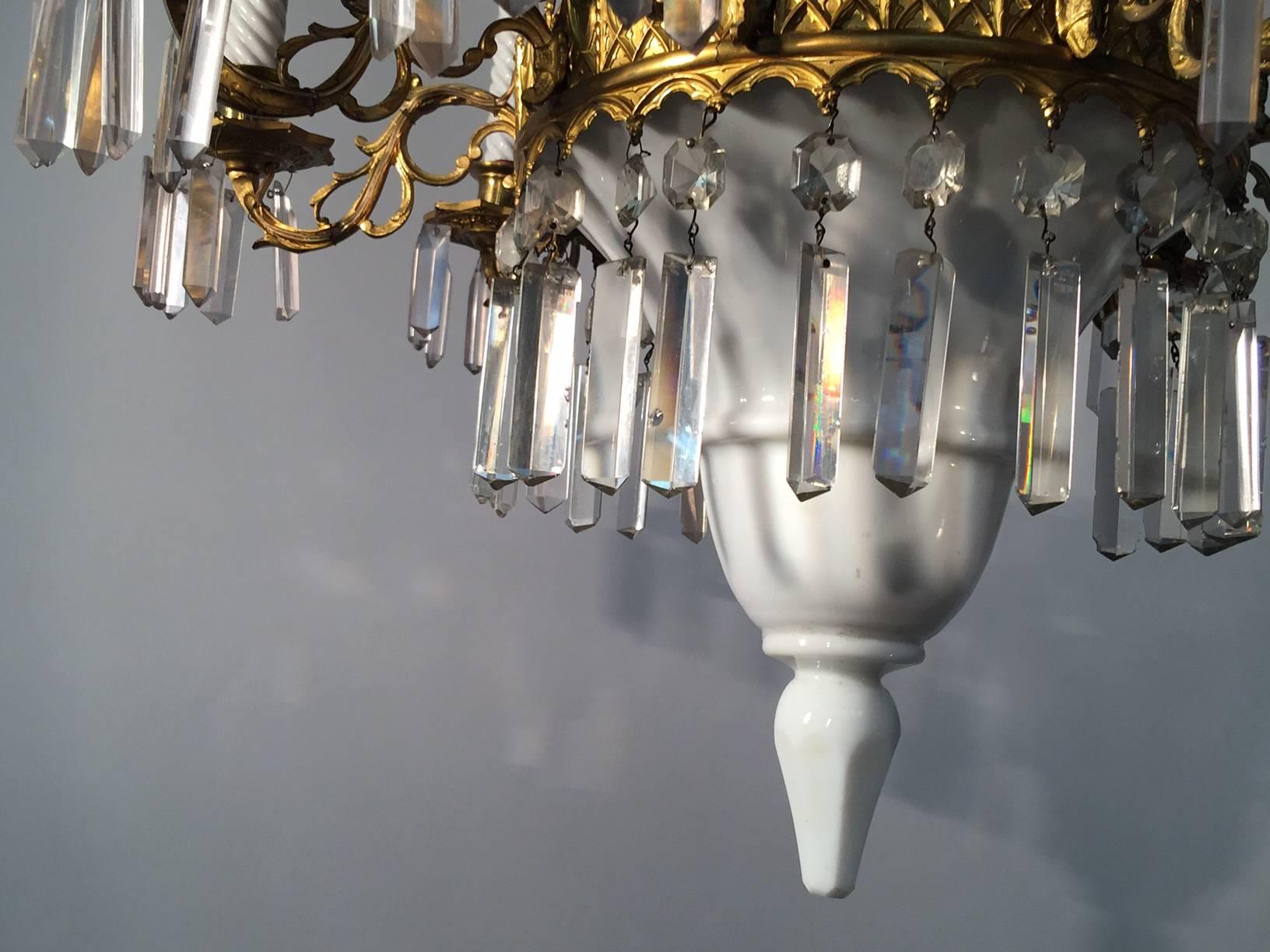 Rococo Ceramic, Glass and Brass Chandelier, circa 1900 For Sale