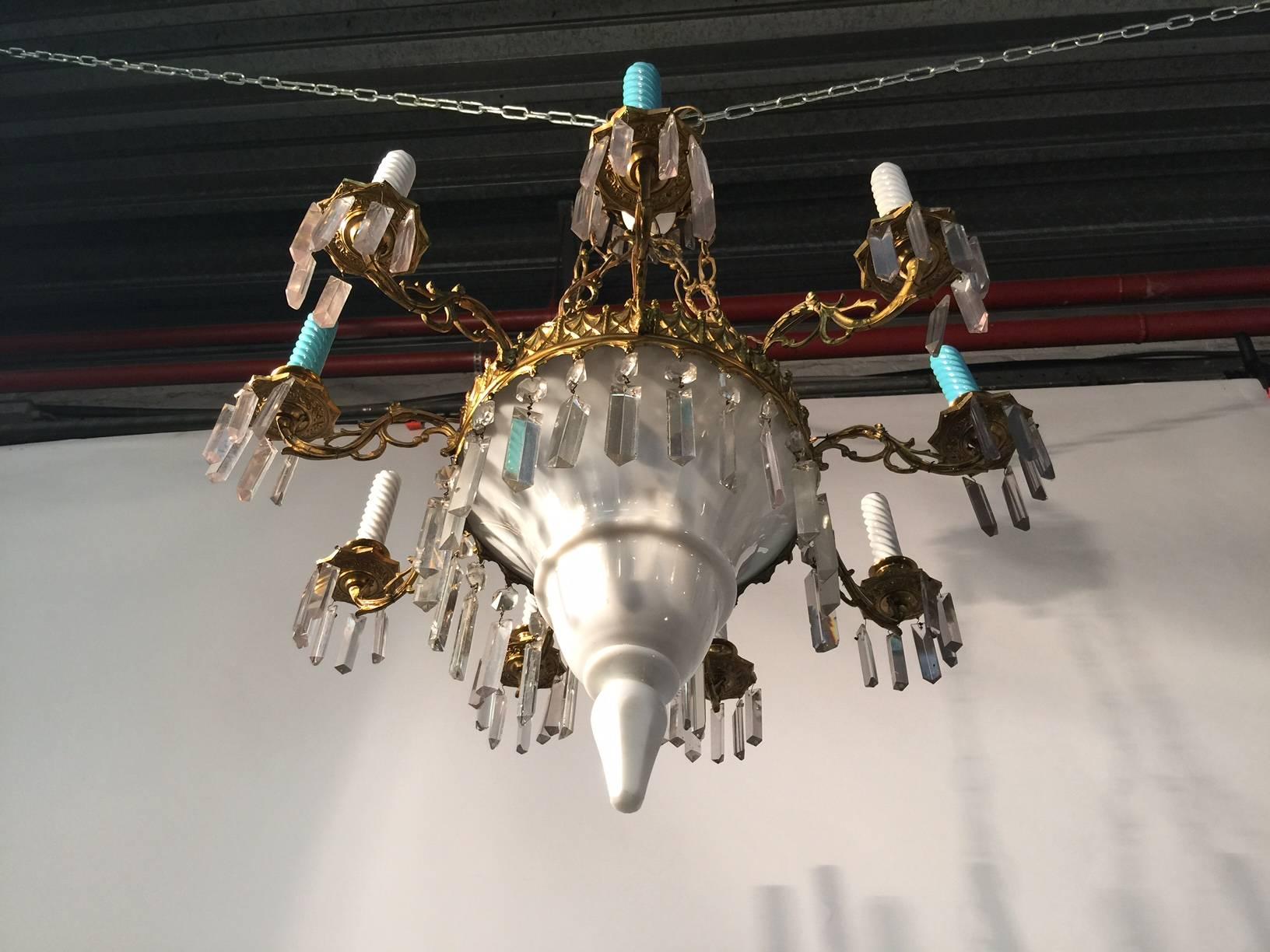 French Ceramic, Glass and Brass Chandelier, circa 1900 For Sale