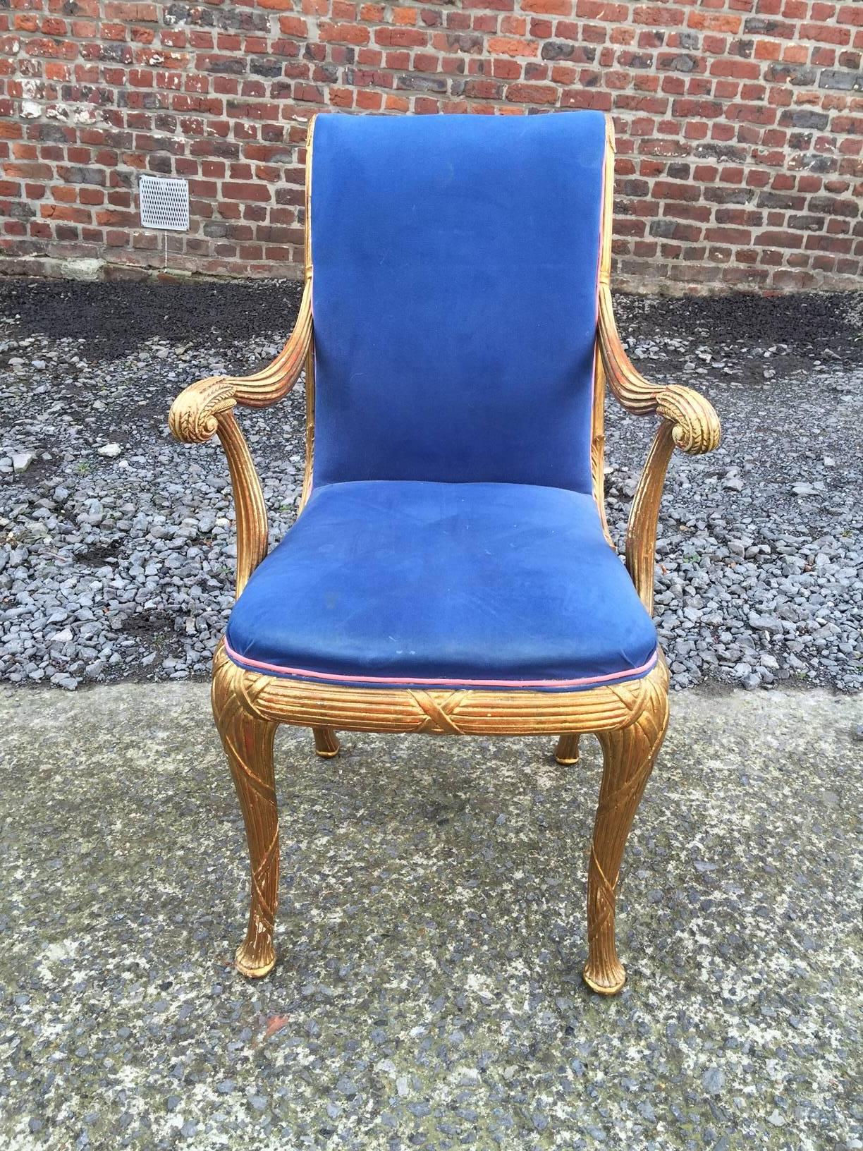 Wood Neoclassical Giltwood and Velvet Armchair, circa 1950 For Sale