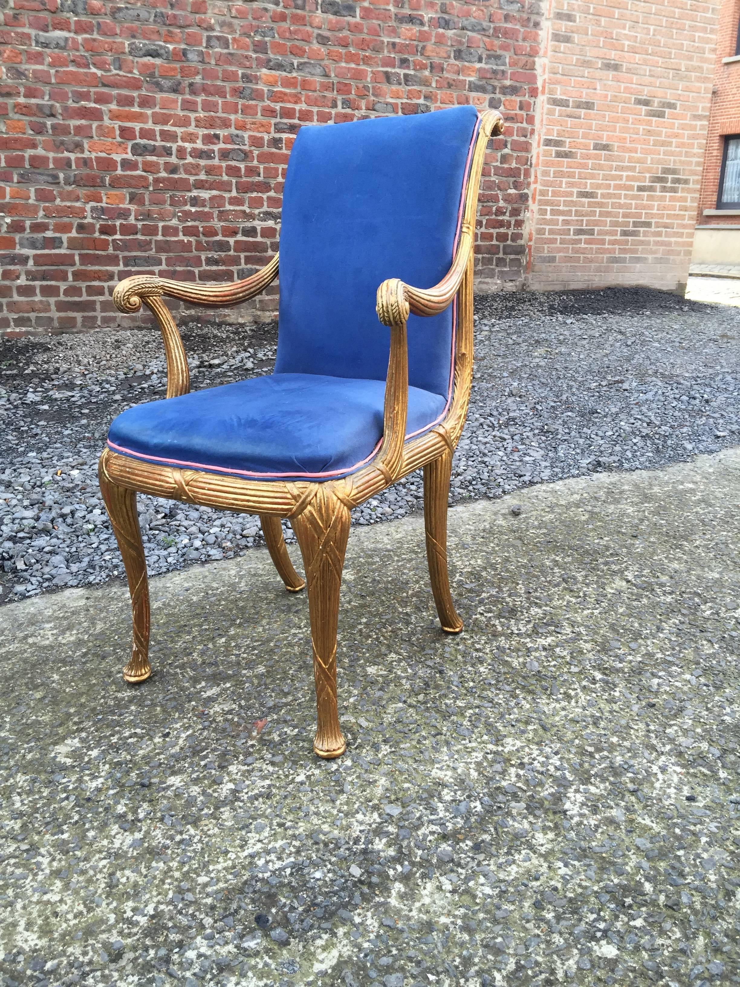20th Century Neoclassical Giltwood and Velvet Armchair, circa 1950 For Sale