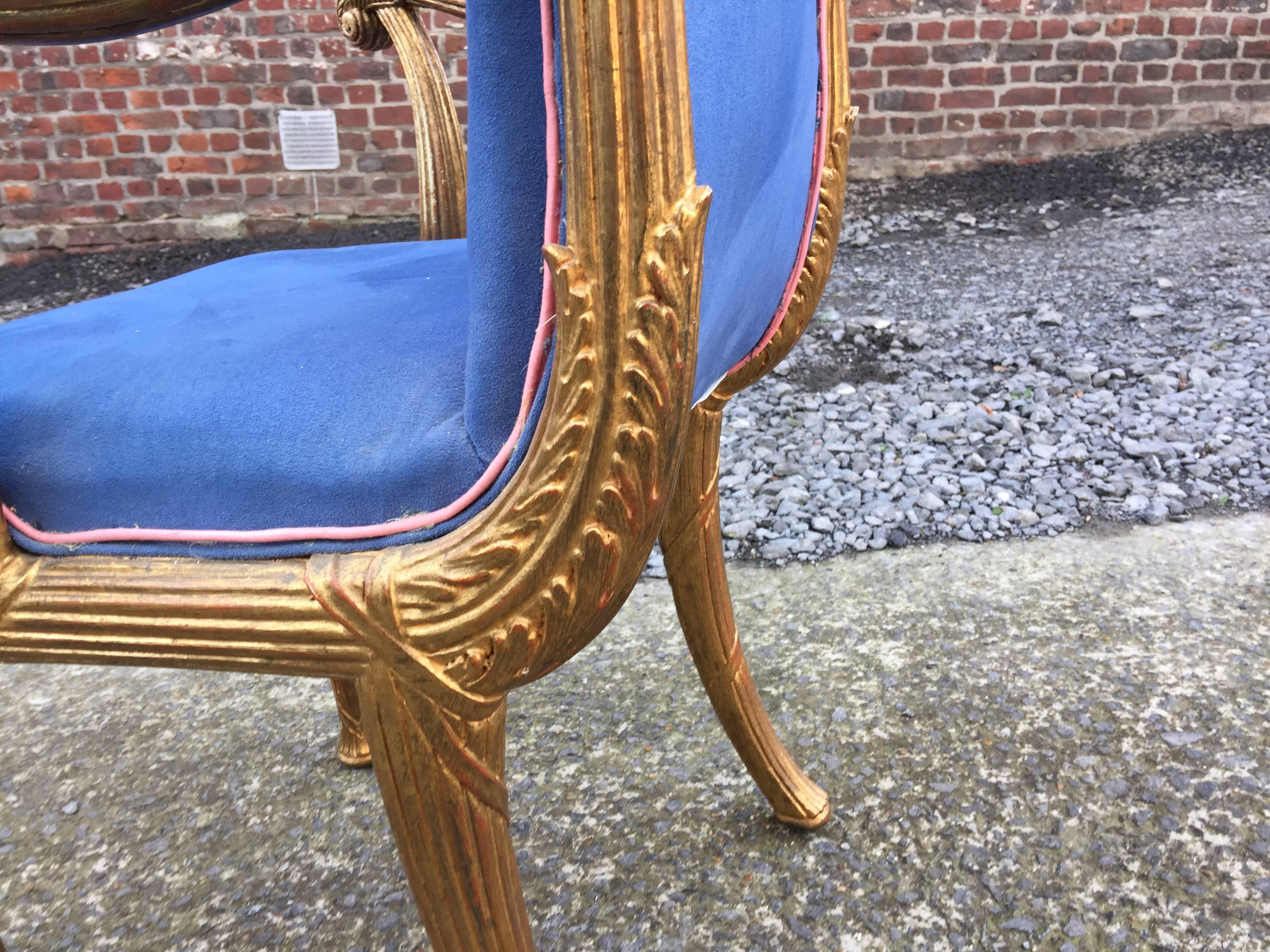 French Neoclassical Giltwood and Velvet Armchair, circa 1950 For Sale