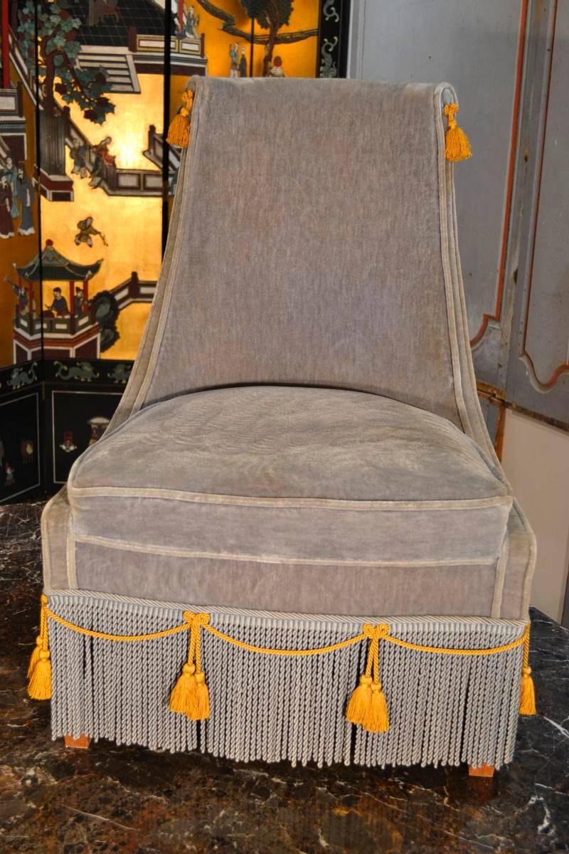 1940 néo classic grey velvet low chair with trimmings.
