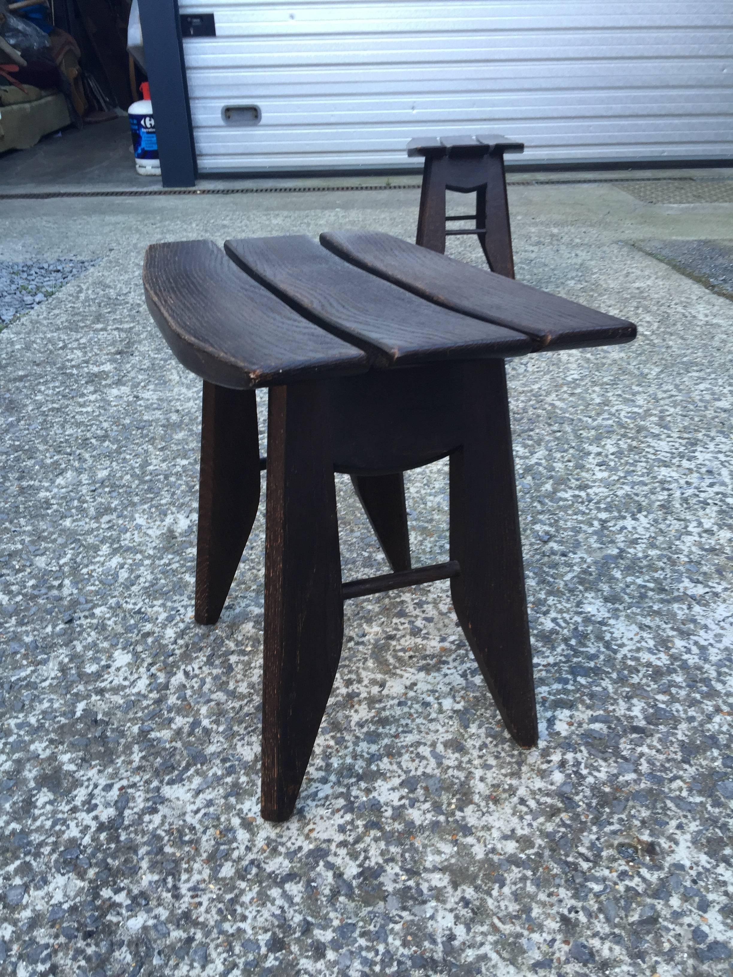 Blackened Guillerme & Chambron, 2 blackened oak stools,  Edition Votre Maison, 1960 For Sale