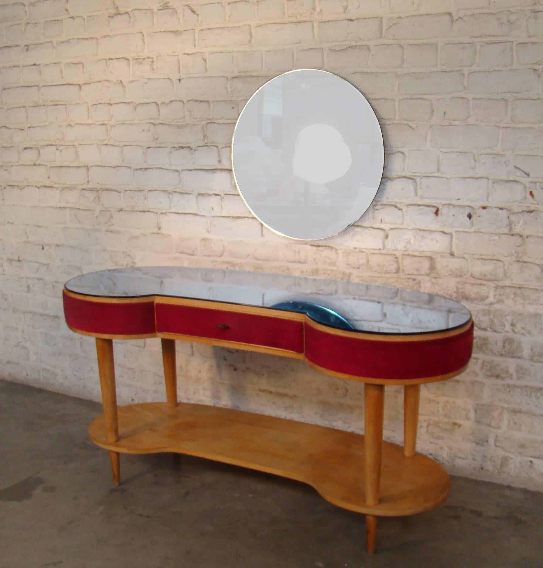 Dressing table and its stool in veneer cheerywood and blue-toned glass, Italy, circa 1960-1970.